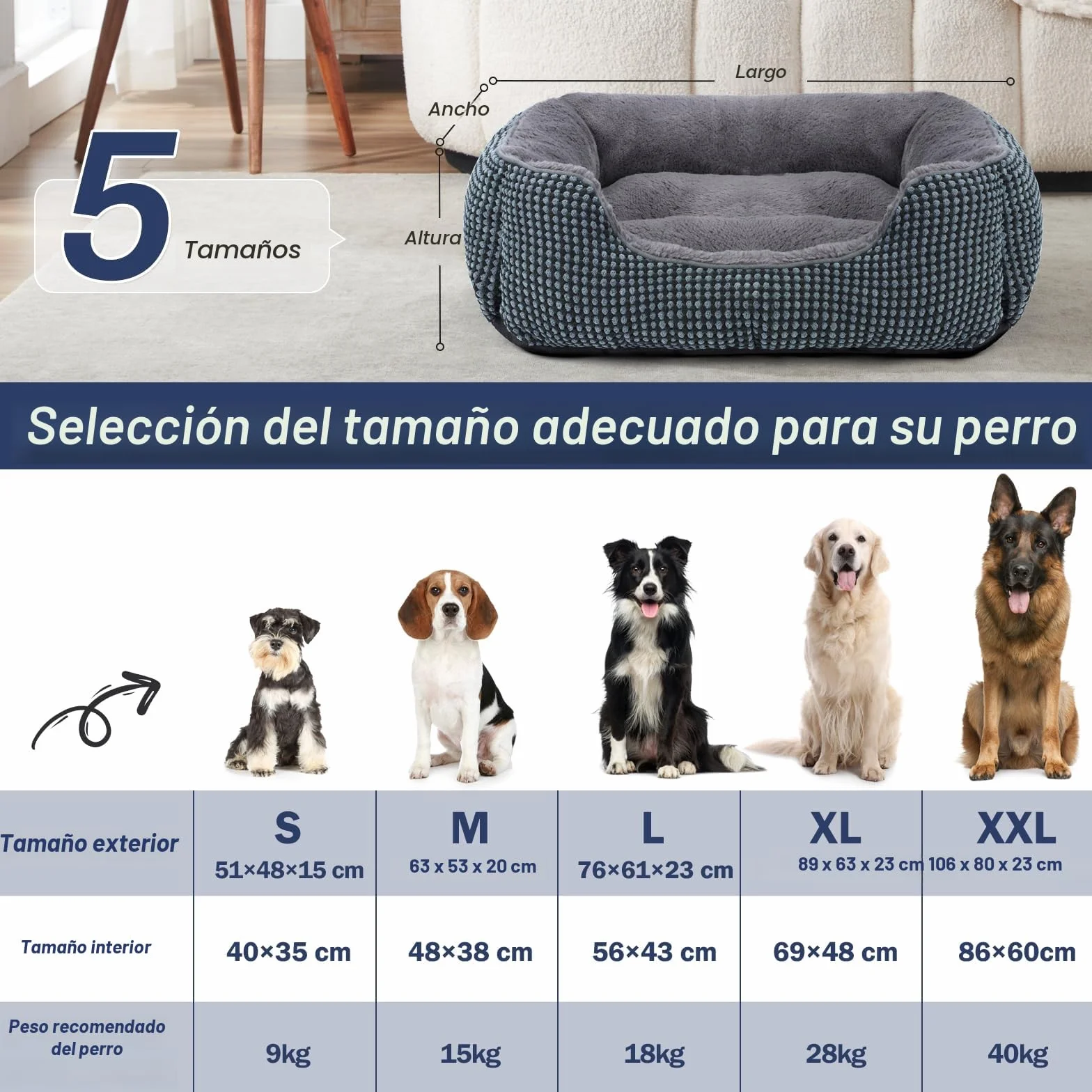 FURTIME Cama Perro, Cama Perros Grande Lavable Esponjosa, Camas Perros Antideslizante Antiansiedad, 89x63x23cm
