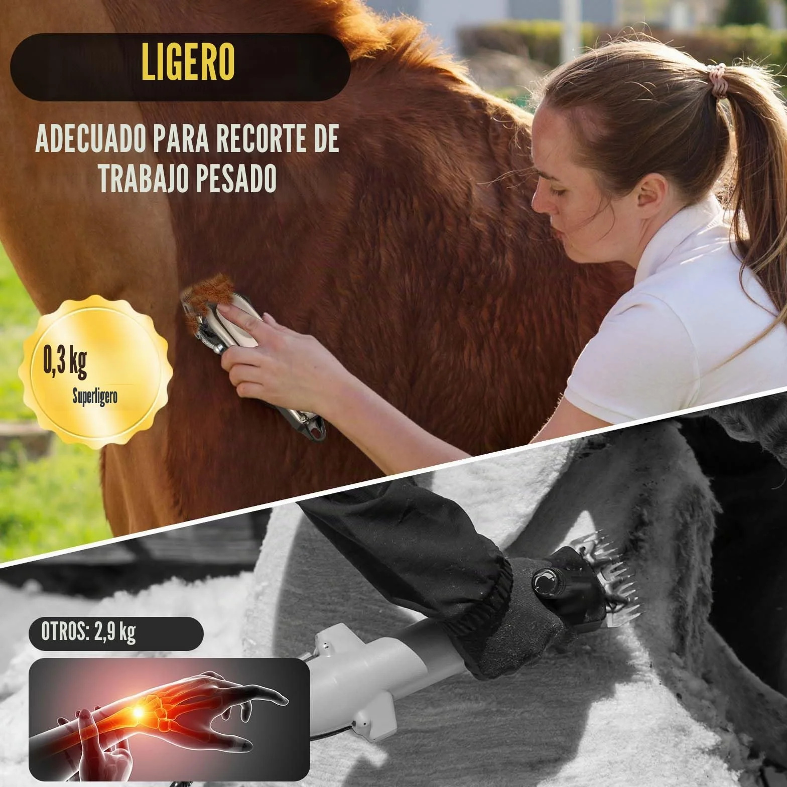 Esquiladora Caballos Inalámbrico - Maquina de Cortar Pelo Caballos Profesional Con 4 Peines Guía - Kit de Aseo Eléctrico Recargable para Caballos y Perros Gatos Mascotas