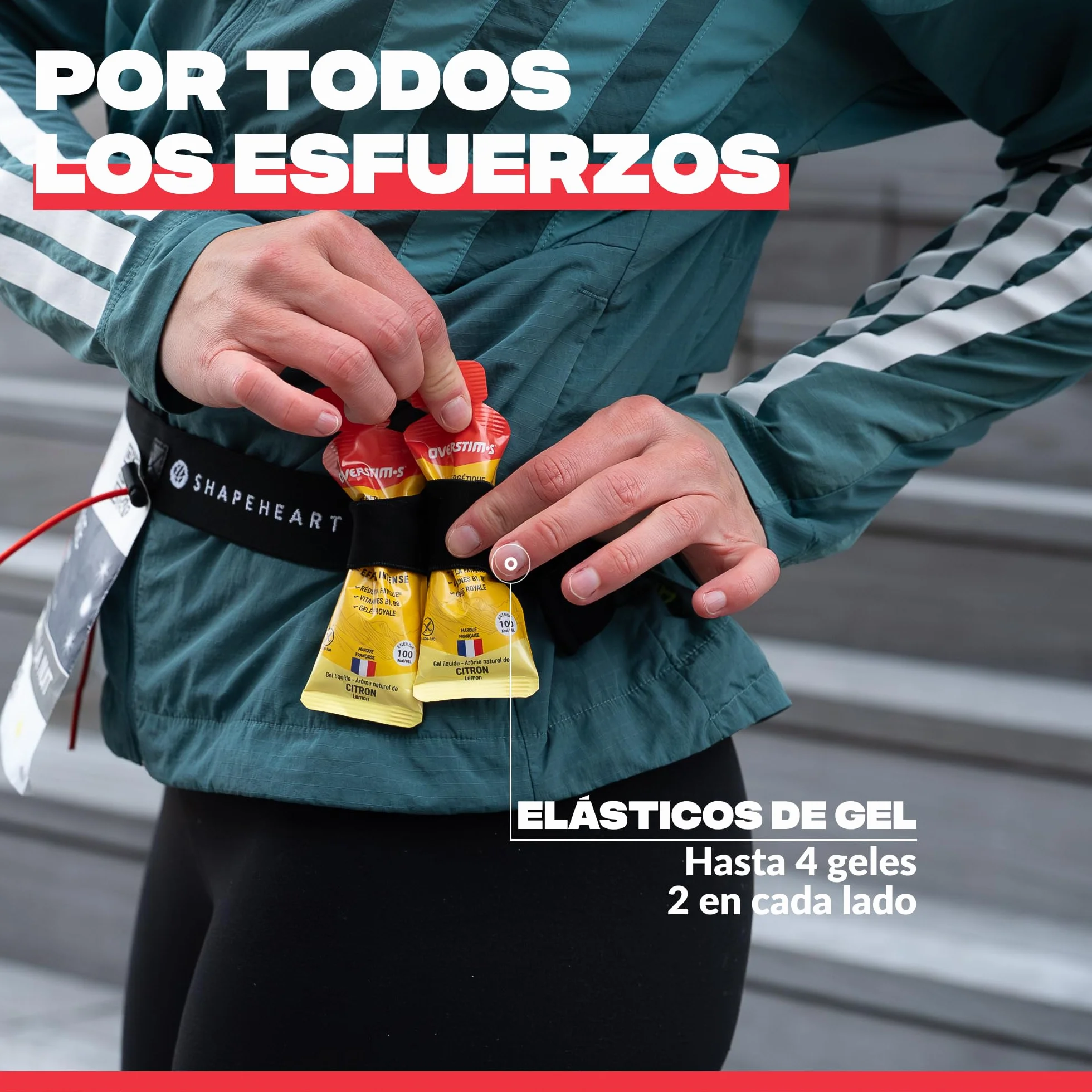Shapeheart Cinturon Portador Dorsal Running 3 Cordones Ajustables 6 Portadores Geles Gancho Llaves Integrado