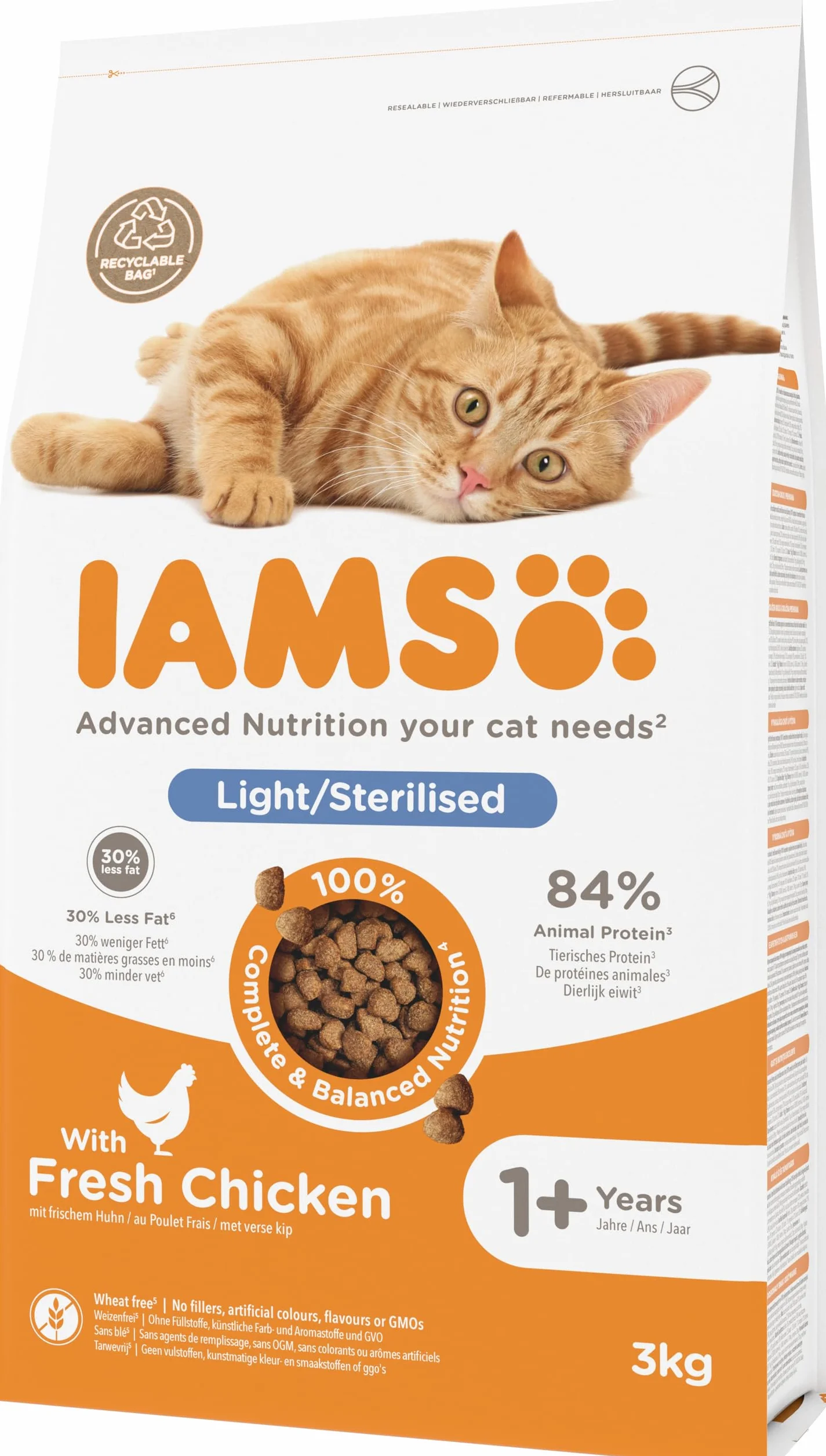 IAMS Alimento seco para gatos esterilizados - comida seca para gatos adultos de más de 1 año con pollo fresco, 3 kg