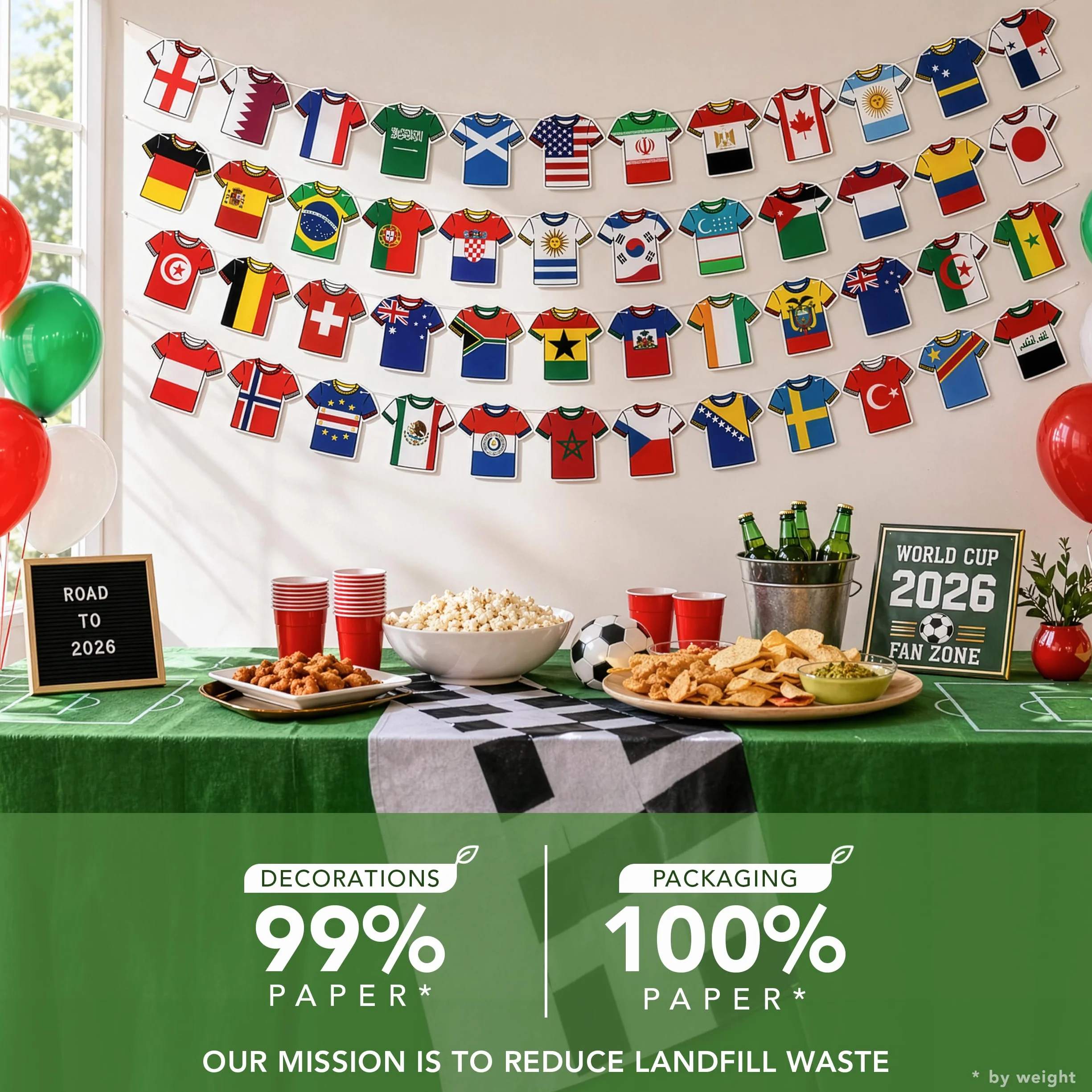 Banderines reutilizables Copa del Mundo 2026 2 unidades 48 equipos decoración fútbol pancarta de papel