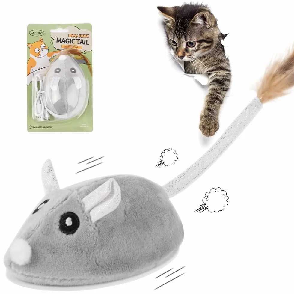 Ratón de Juguete Eléctrico, Juguete Eléctrico para Gatos Peluche Ratones, Inteligente Automático Ratones de Juguete para Gatos con Cola Emplumada, Carga USB Ratones Juguete de Gato Interactivo