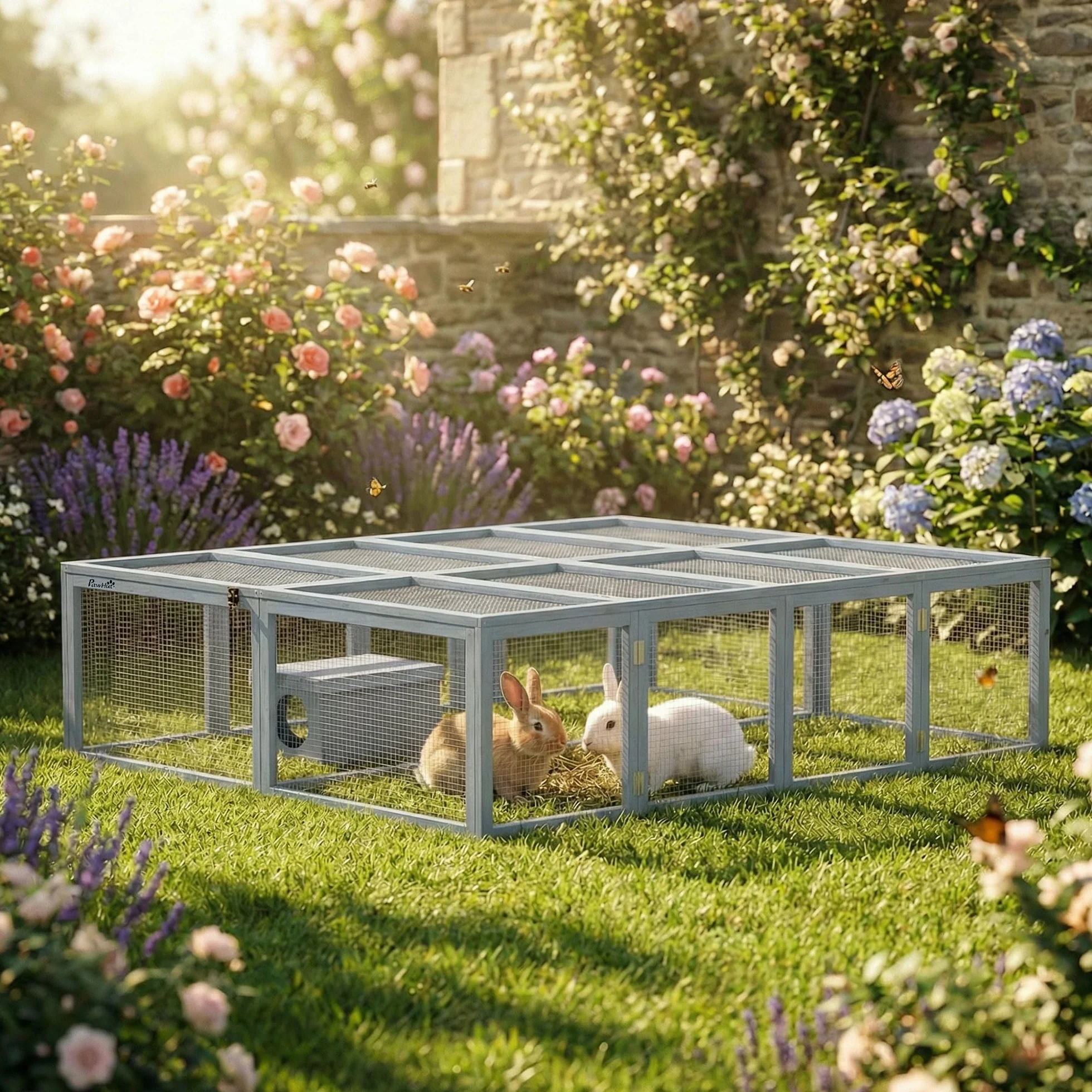 PawHut Recinto con conejera 2 Puertas 180,4x150x48 cm Gris | Conejera de madera con refugio, para 2-4 conejos enanos, cobayas enanas, patos