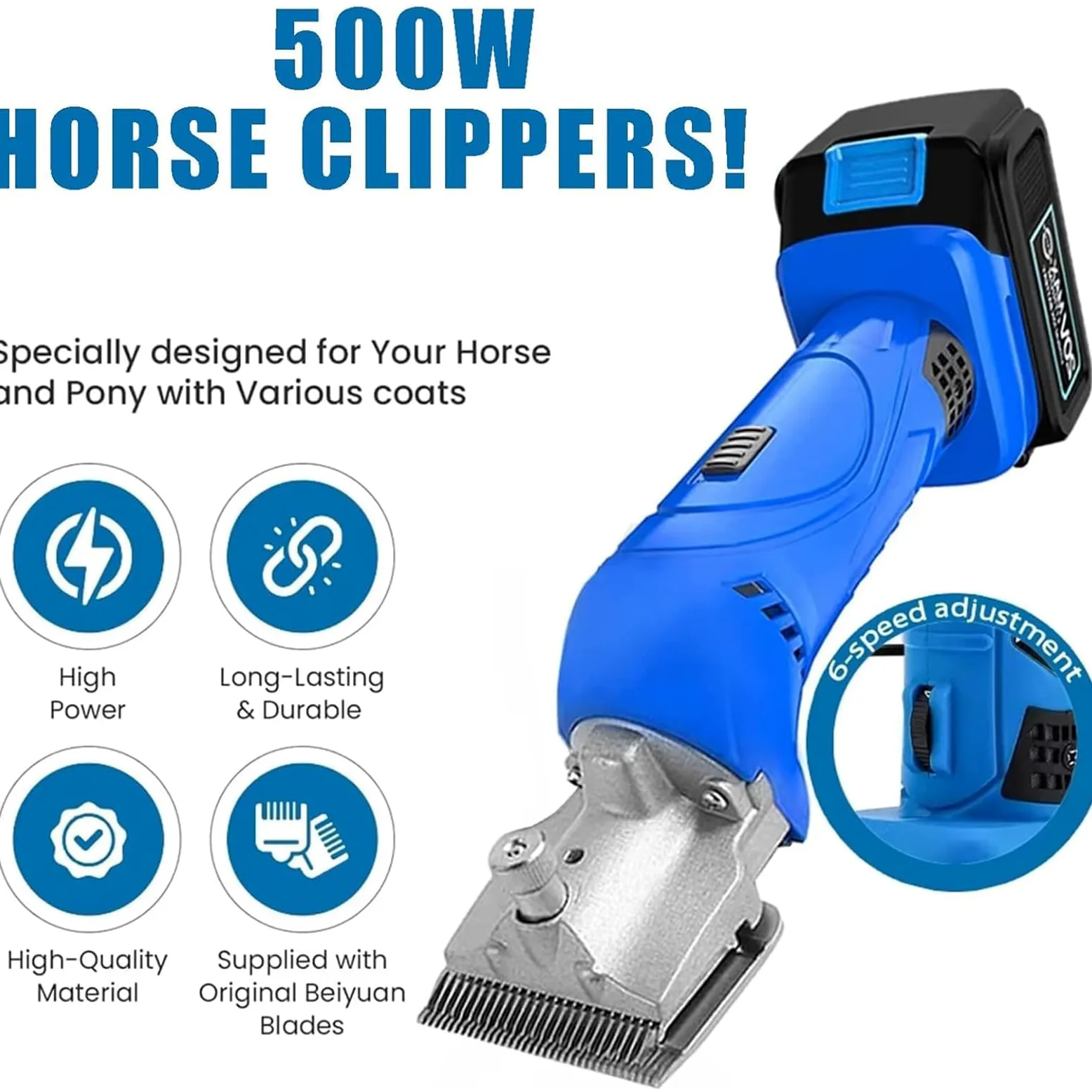 Esquiladora Inalámbrica para Caballos 500W, Cortadora Eléctrica de Grooming con 2 Baterías, Ajustable en 6 Velocidades, Cuchillas Desmontables de Acero al Carbono, para Caballos y Ponis de Pelo Grueso