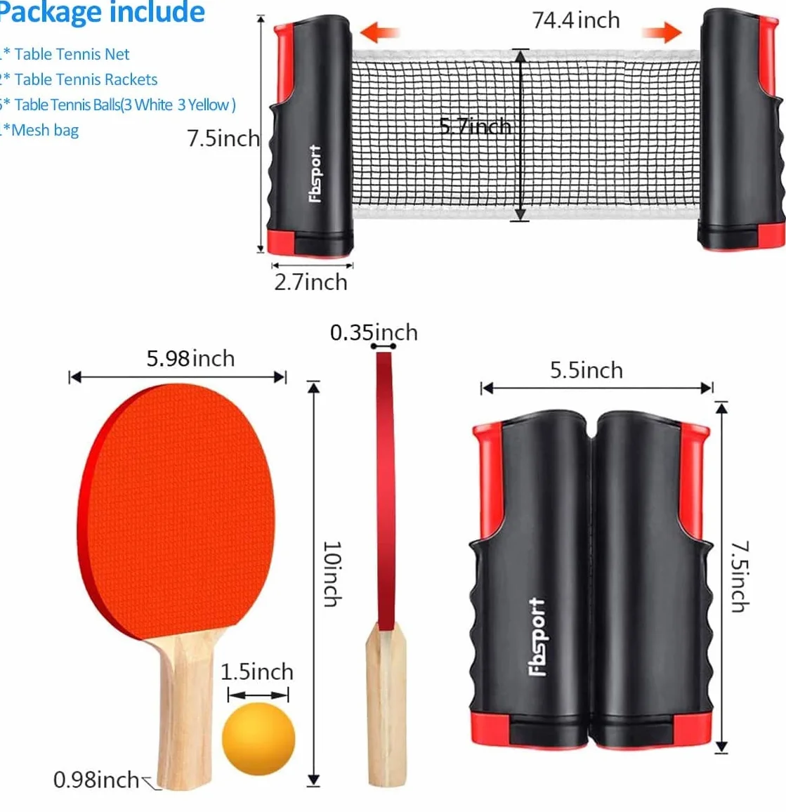 FBSPORT Sets de Ping Pong, Raquetas de Tenis de Mesa Profesionales, 6 Pelotas, Red Retráctil, Bolsa