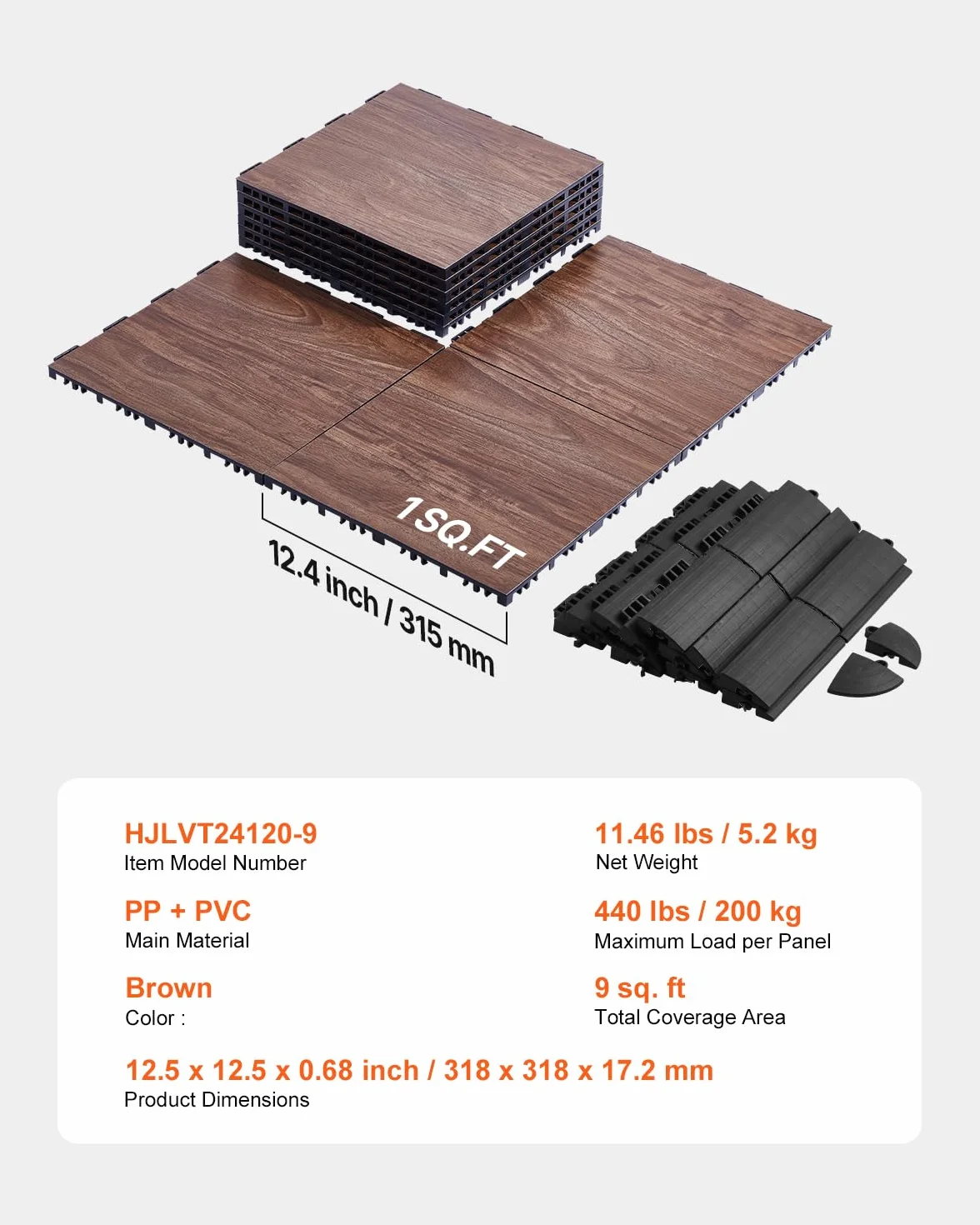 VEVOR Suelo de Baile Portátil PP PVC 9 Piezas Entrelazadas 315x315x17,2 mm Veta de Madera de Roble