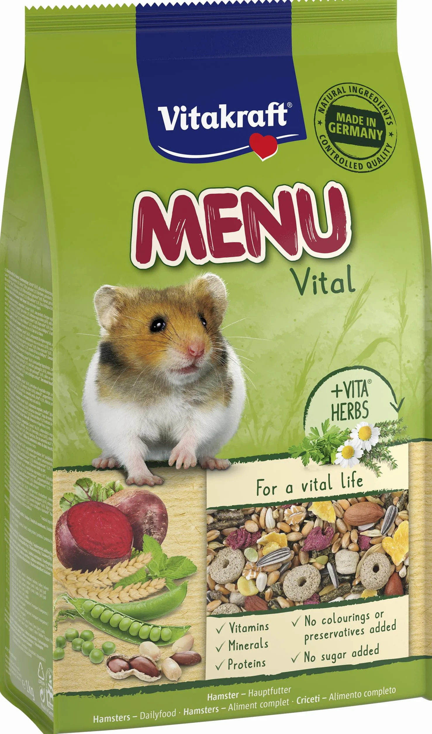 Vitakraft Menu Vital, Comida para hámsters, con Verduras, con Frutos Secos, con vitaminas y minerales Esenciales, sin azúcar ni Cereales añadidos (1x 1kg)