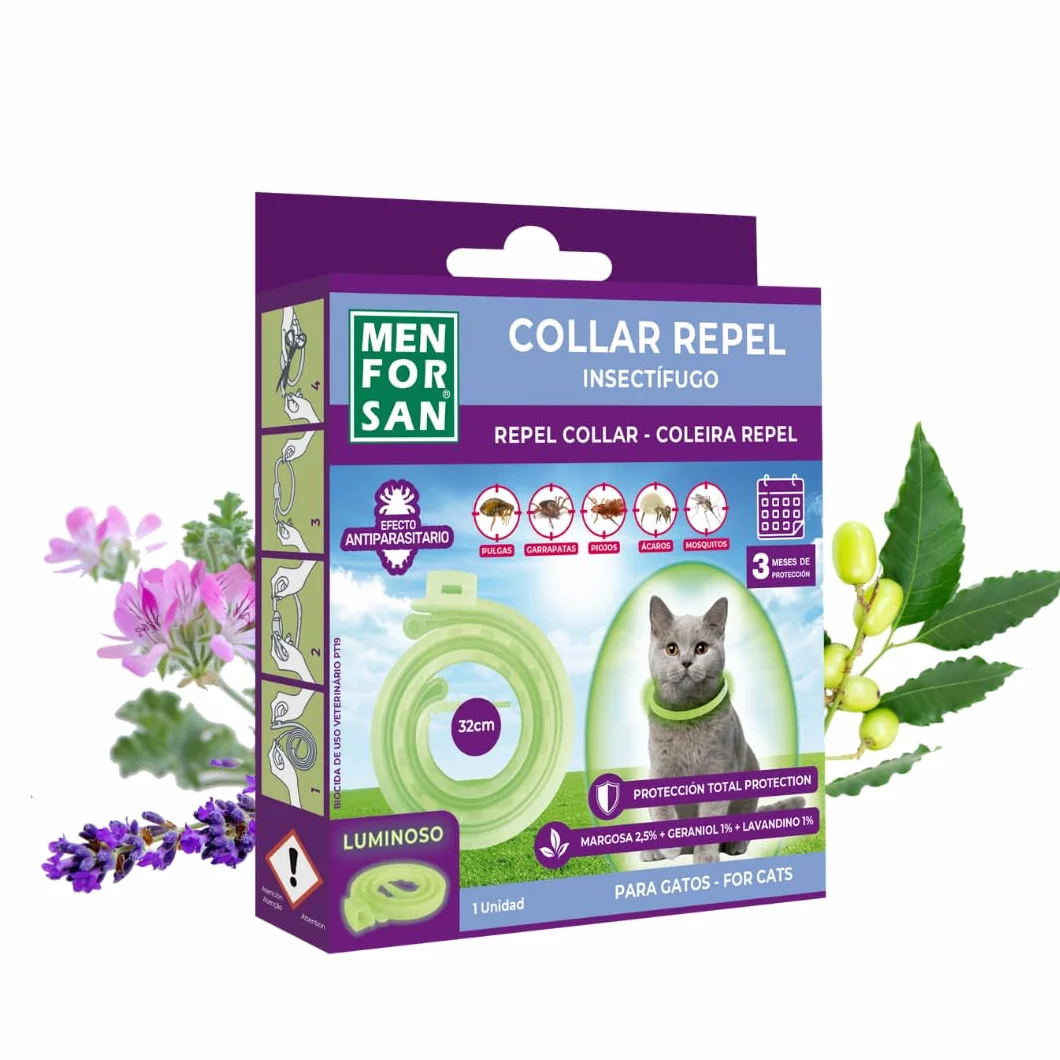 MENFORSAN Collar luminiscente Anti-Insectos para Gatos, con Tres repelentes Naturales Margosa, Geraniol y Lavandino, Cítrico, Verde, 30 cm