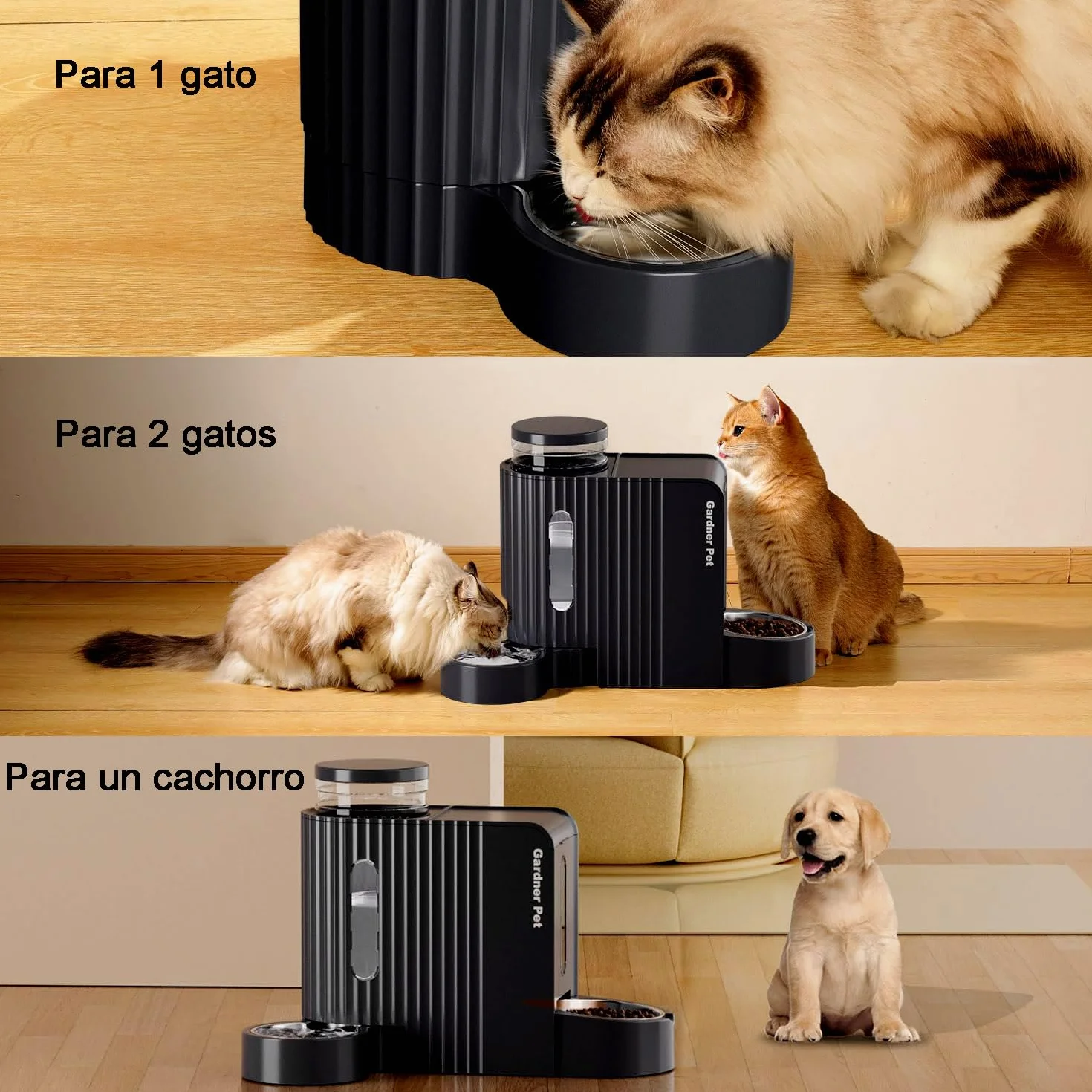 Gardner Pet 2 en 1 Comedero Gato Automatico (3L*2), Dispensador Comida y Agua, Bebedero Perro con Bol Acero Inoxidable, Dispensador Comida Gatos Gravedad,Sin BPA,No Eléctrico-Negro