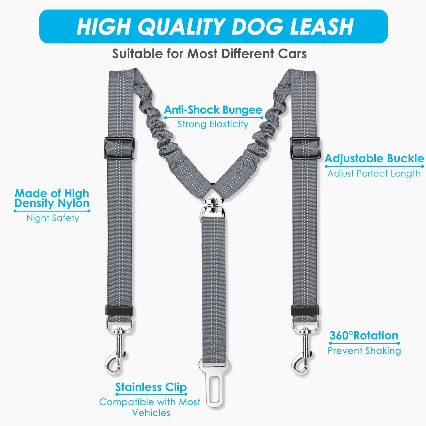 SlowTon - Cinturón de Seguridad Doble para Perro, con Doble acoplador Ajustable y elástico y Rayas Reflectantes para Dos Mascotas, para Viajes en Coche