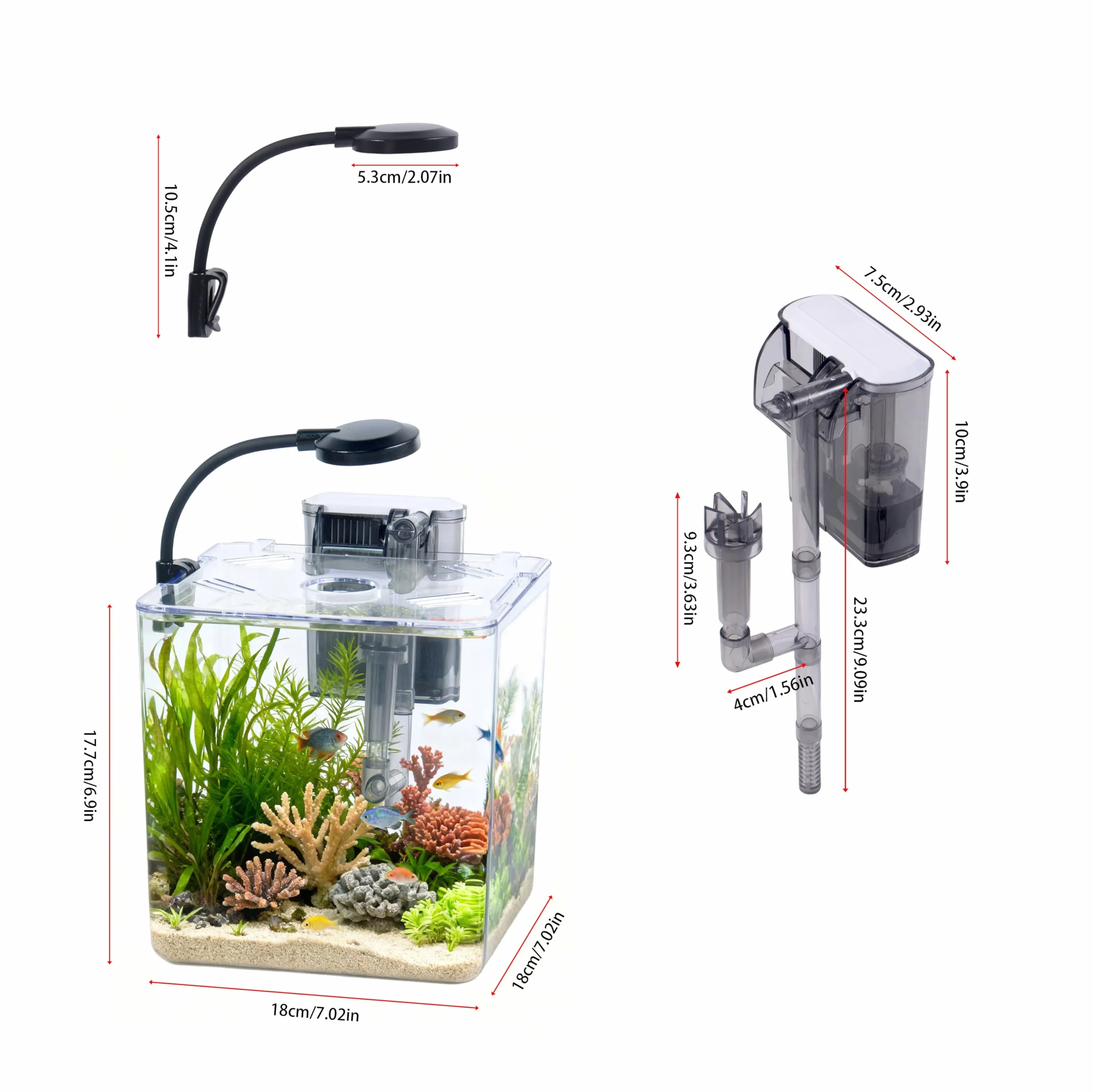 Set de acuario de 5 l para principiantes, 18 x 18 x 18 cm, mini acuario de plástico con lámpara LED y filtro USB, 5 l