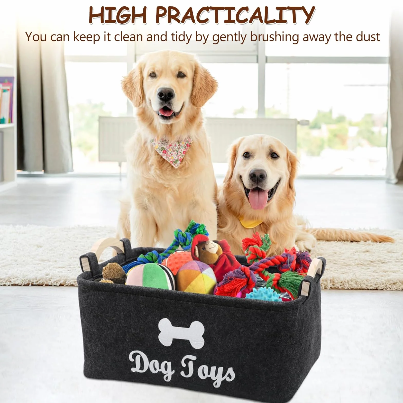 Cesta de Fieltro, Caja de Juguetes para Perros con Mango Madera, Cesta de Almacenamiento Juguete para Perros Versátil, Organizar Comida, Juguetes Accesorios Mascotas