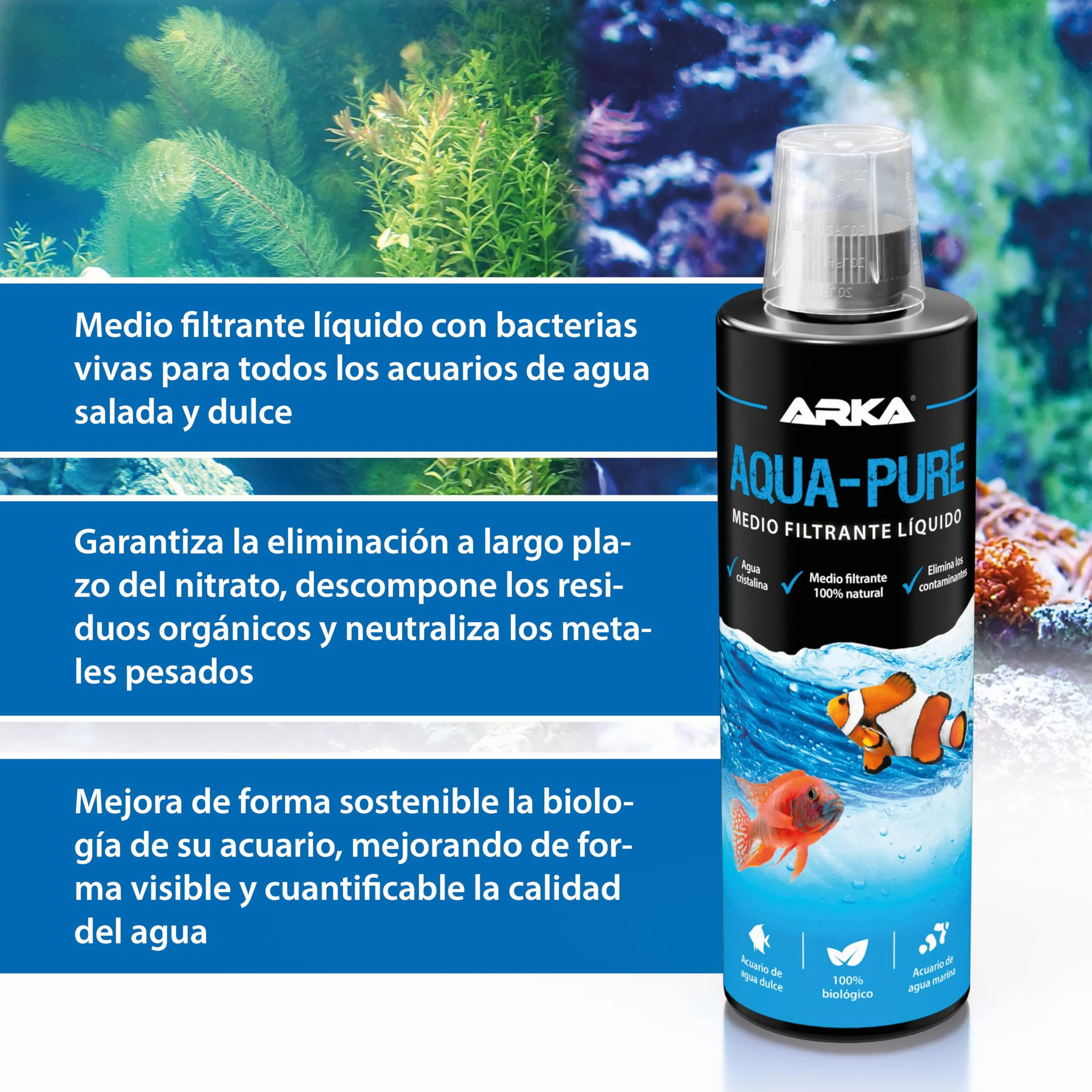 Aclarador de Agua Acuario 118 ml – ARKA Aqua-Pure – Elimina turbidez y residuos – Agua cristalina en acuarios Dulces y Marinos – 100% biológico con bacterias filtrantes – Seguro para Plantas