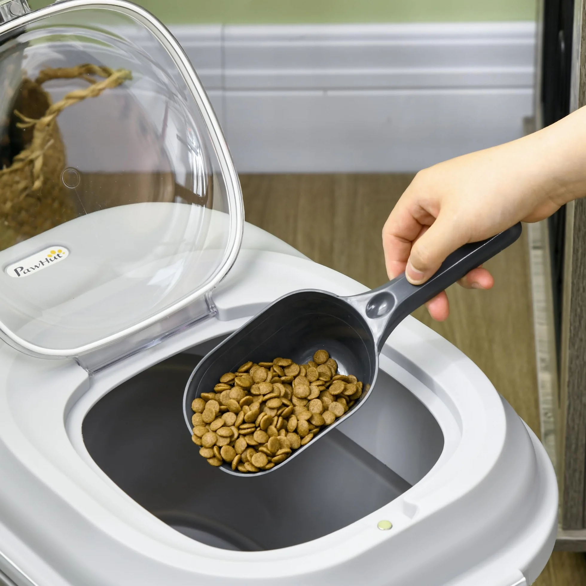 PawHut Contenedor de Comida para Perros Plegable 25L Contenedor de Pienso con Ruedas Taza Medidora Cuenco Plegable y Cuchara Contenedor de Comida para Mascotas Gatos Gris
