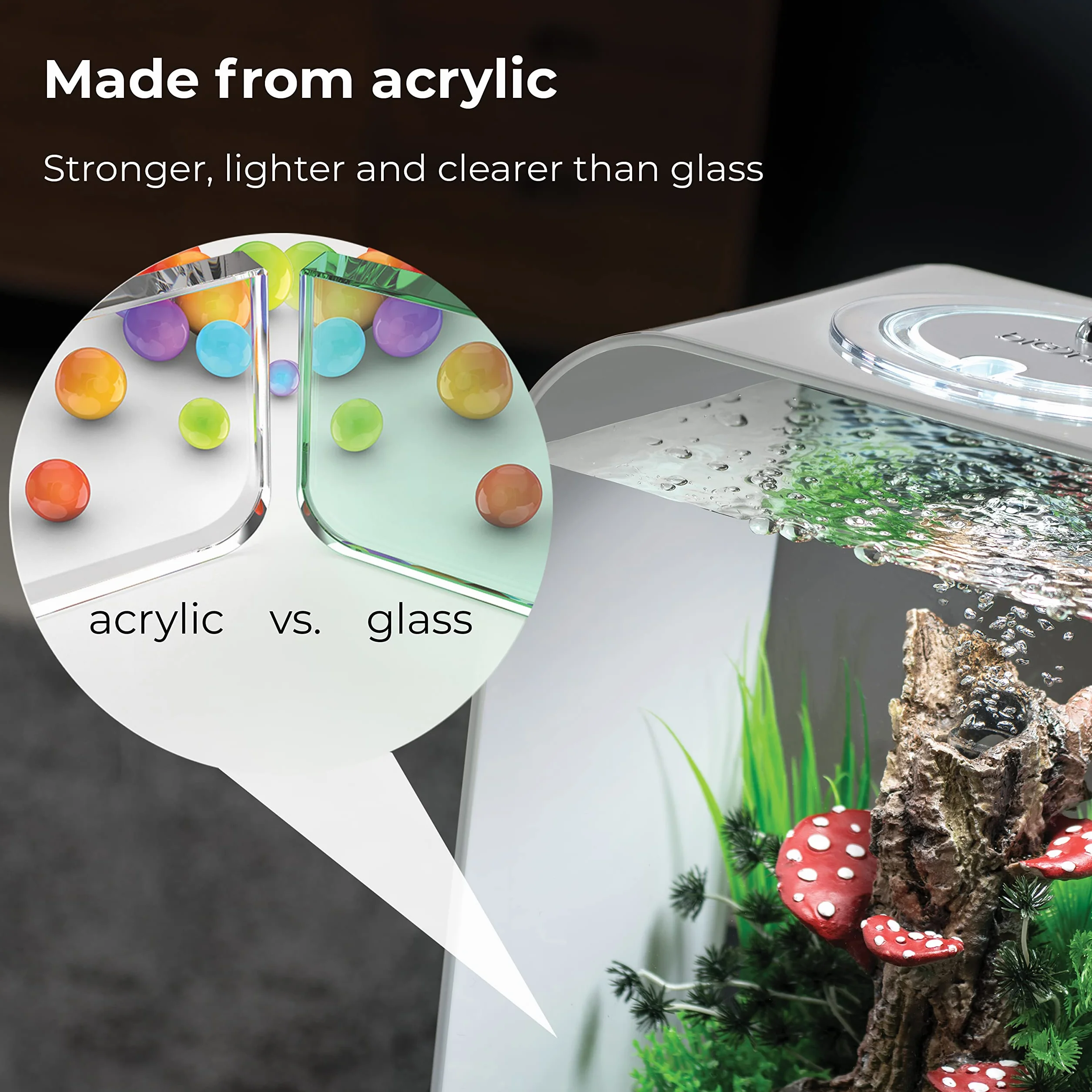 biOrb 72047 LIFE 15 LED transparente - acuario decorativo de 15 litros completo con sistema de filtrado, iluminación LED y sustrato cerámico de robusto cristal acrílico