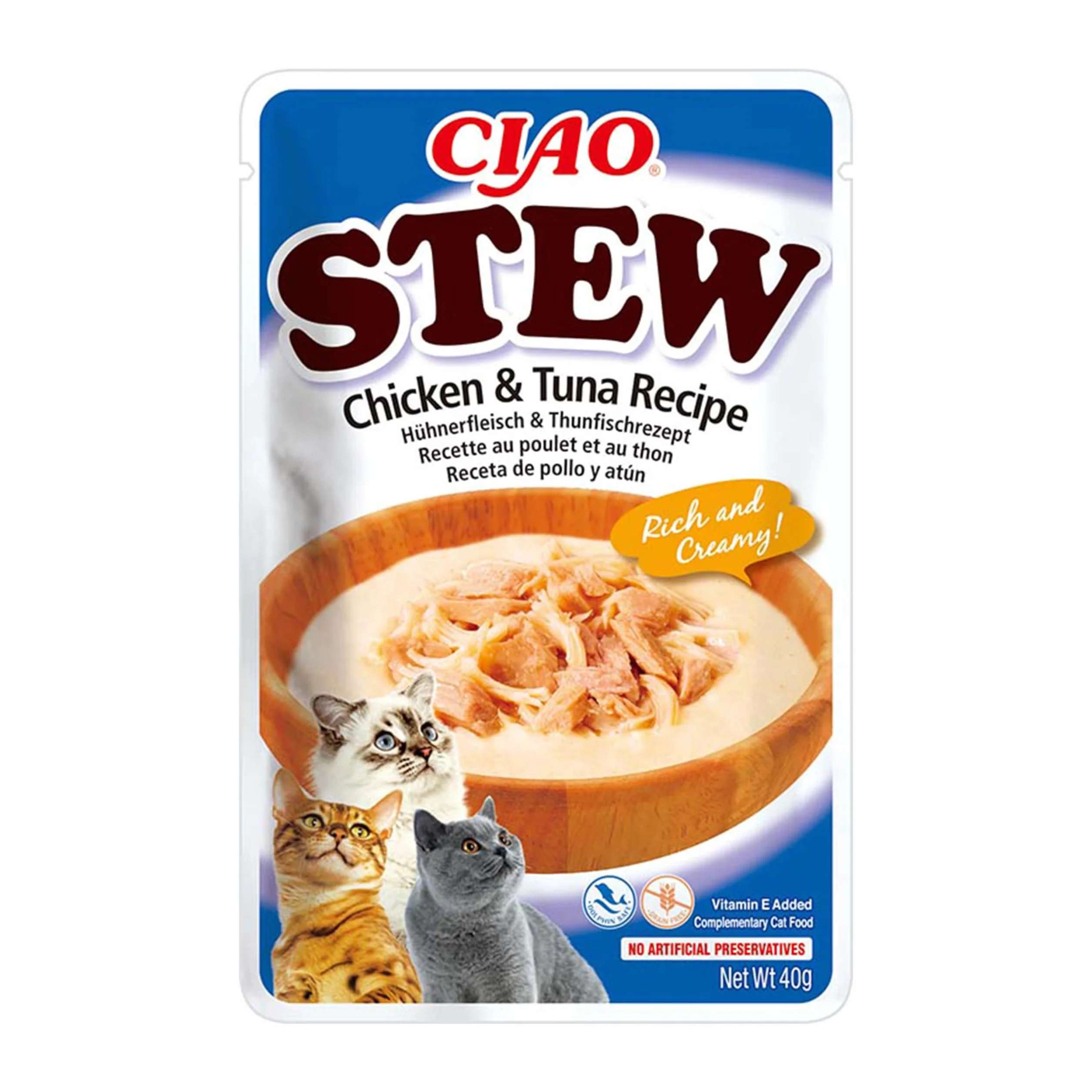 INABA Ciao Stew - Guiso Saludable para Gatos - Snacks, Receta de Pollo con Atún - Premios Ricos y Cremosos - Sin Cereales, Conservantes, Colorantes - Pocas Calorías - 40g