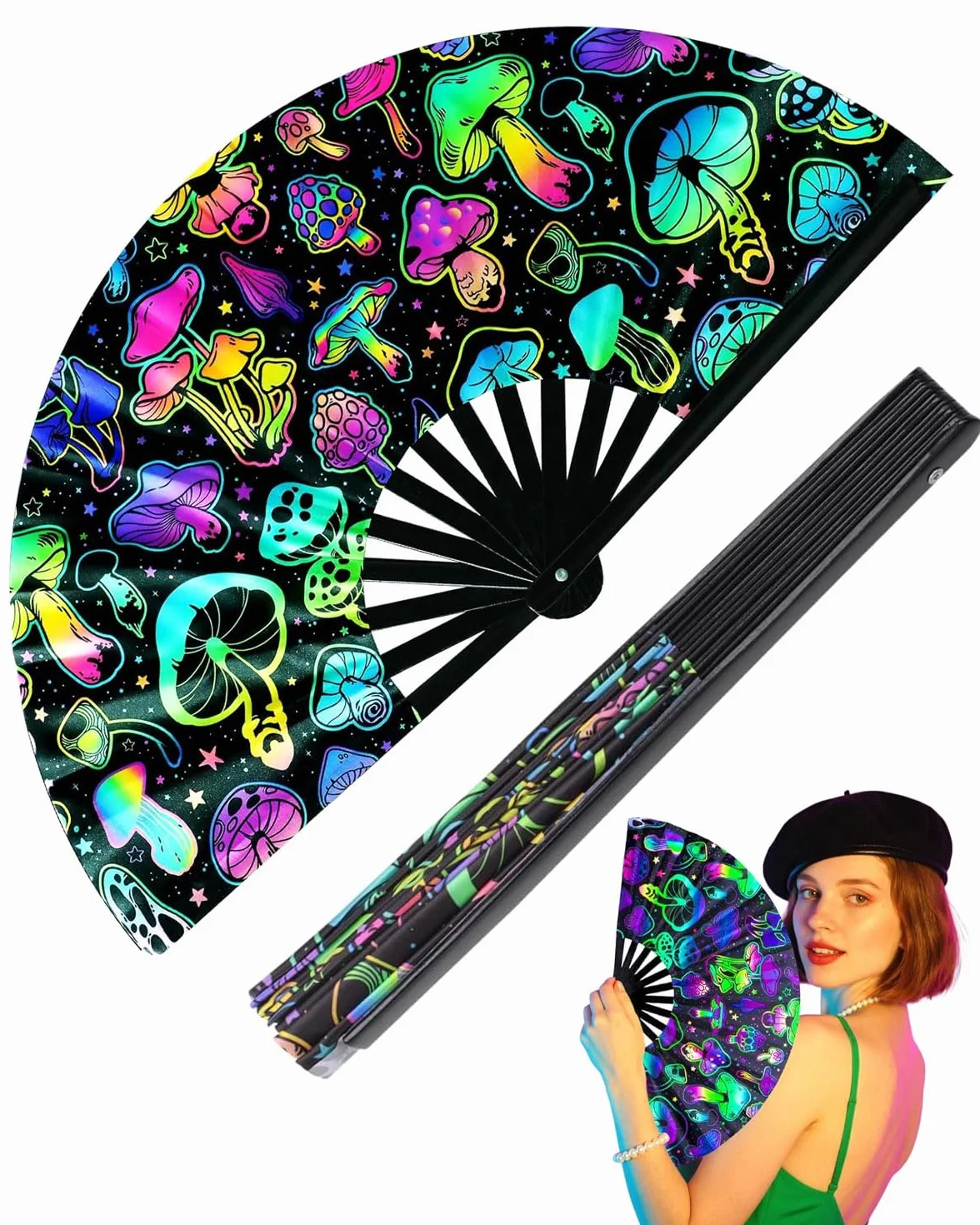 Abanico Plegable Glow Rave de Mano Grande para Bailar, Fiestas, Festivales