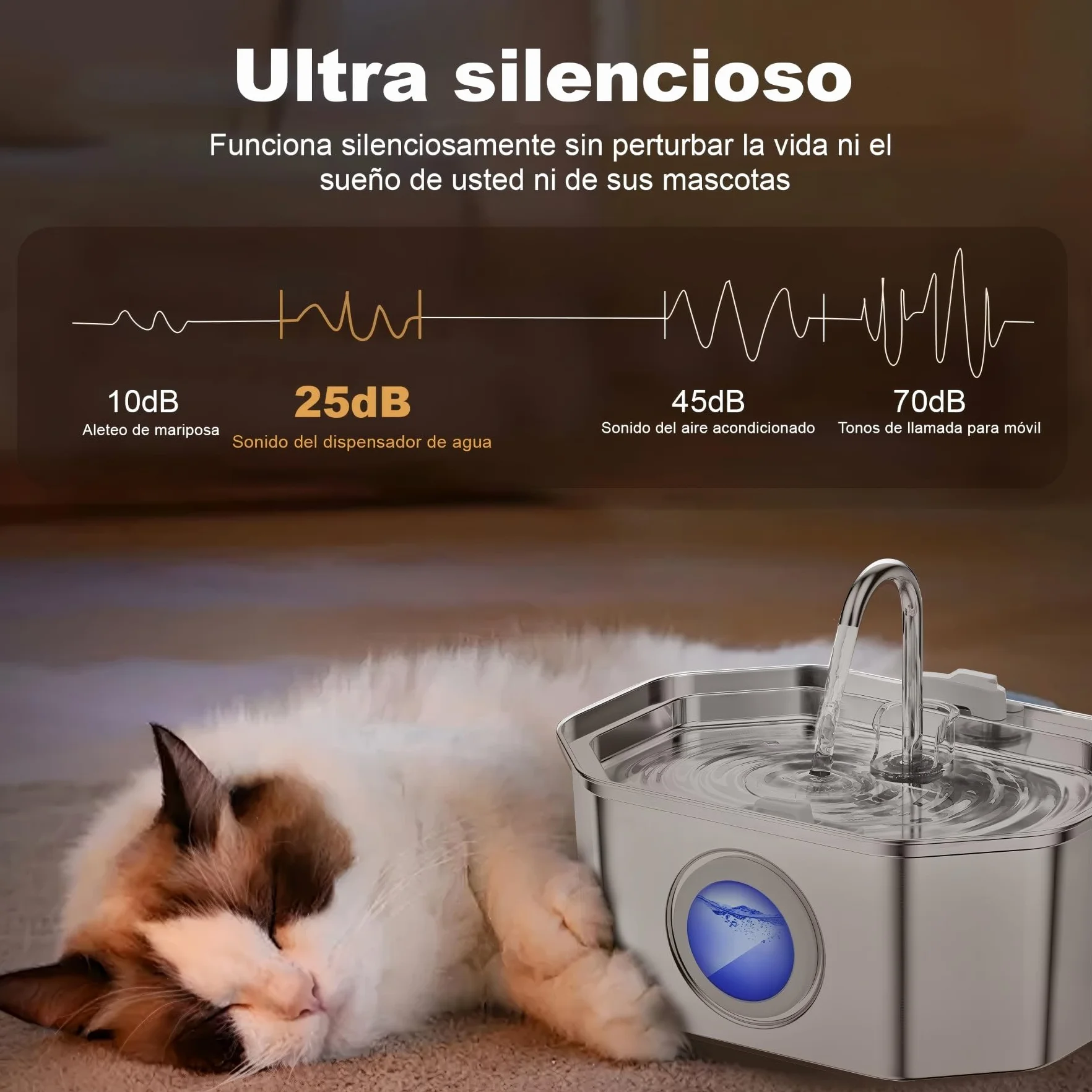 Apauk 3.2L Fuente para Gatos Acero Inoxidable, Bebedero Gatos, Silencioso Fuente de Agua para Gatos y Perros pequeños, con Ventana LED, Sistema de Filtro Multicapa(2 Filtros & 2 Esponjas)
