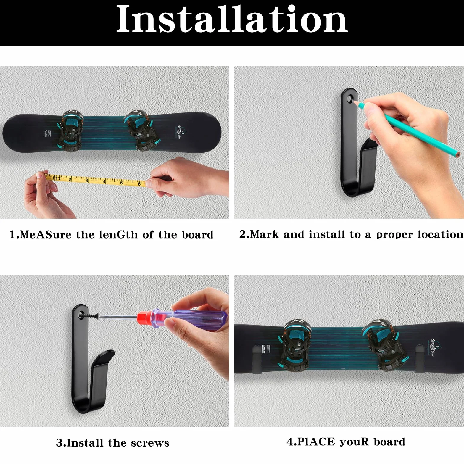 Soporte de Pared para monopatín Negro con Tornillos de fijación para Snowboard, Longboard, esquís