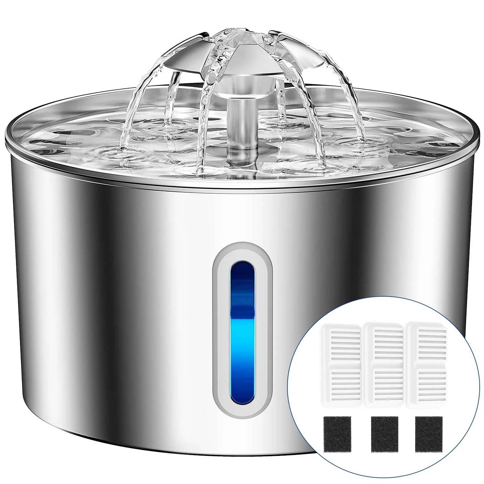 Fuente para Gatos Acero Inoxidable, 2,2L Bebedero Gatos con Cable Filtración Cuádruple, Ultra Silencioso, Fácil de Limpiar, con LED 3 Filtros y 3 Esponjas