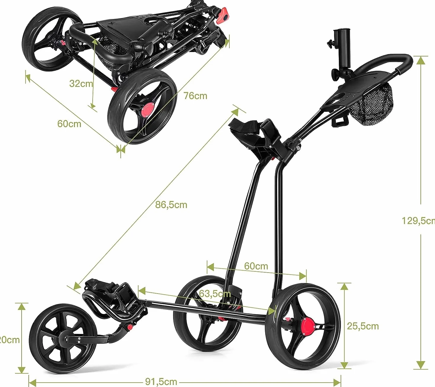 GYMAX Carro de Golf Plegable, 3 Ruedas, Red de Malla, Soporte Paraguas, Hierro, Negro