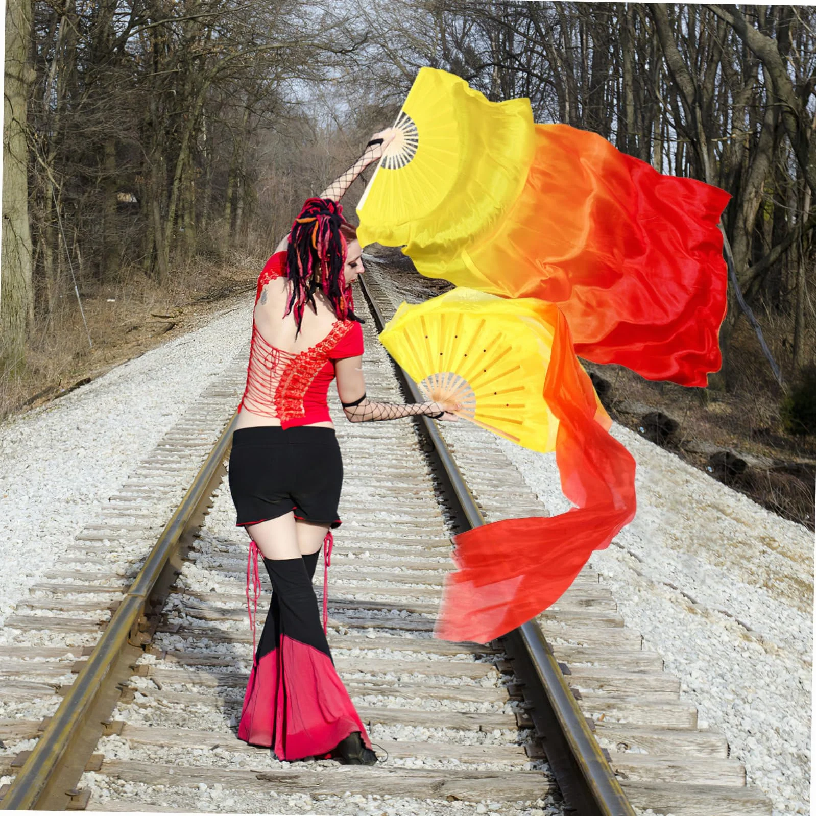 YARNOW Abanico Bailarín de Bambú y Seda Color Degradado para Danza del Vientre