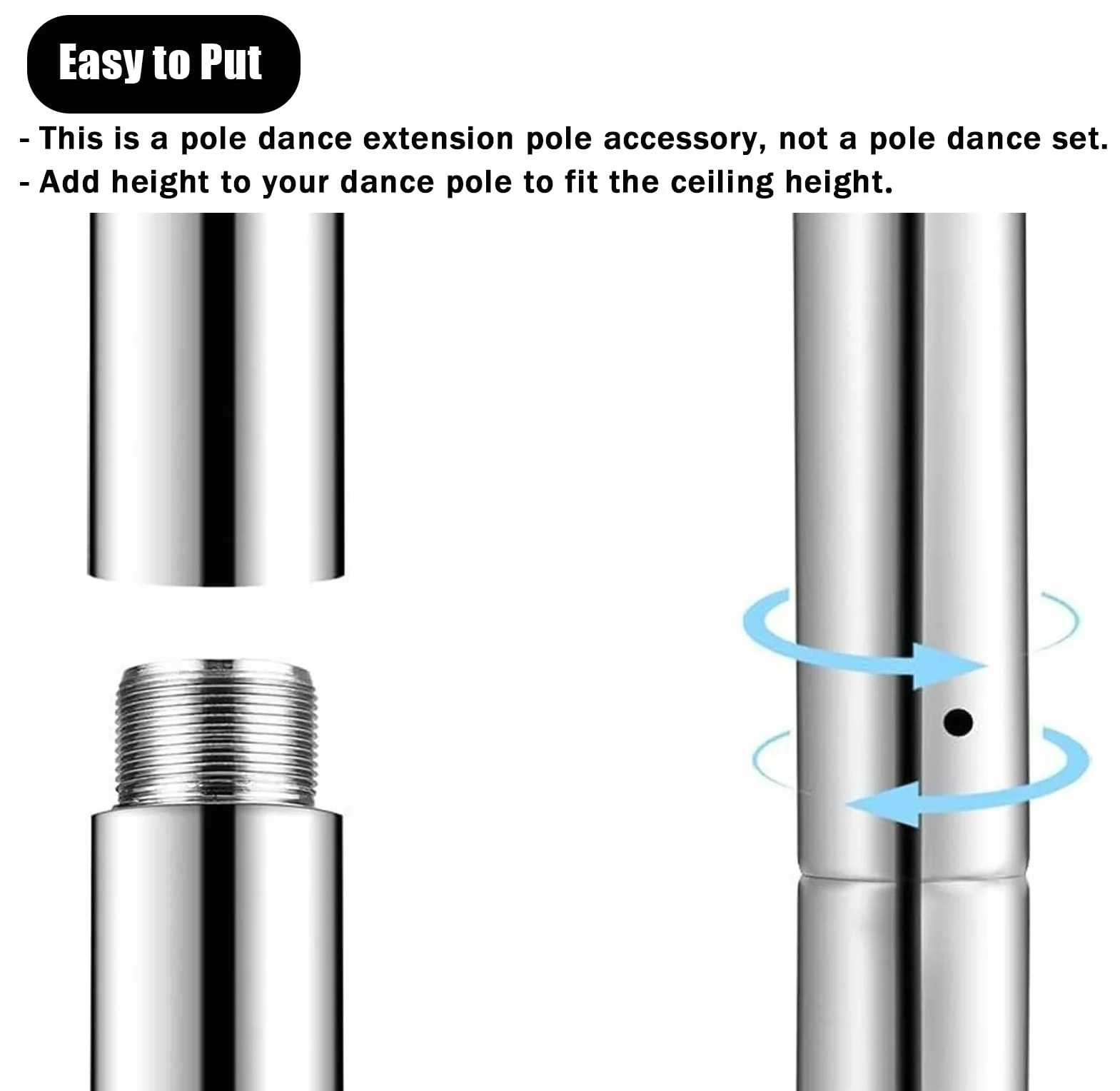 Barra Pole Dance Extensión del Polo de Baile 45 Mm Kit de Postes de Fitness 125/250/500 Mm para Conectar el Poste de Baile Tubo de Techos Ajustables de Altura 5 Colores