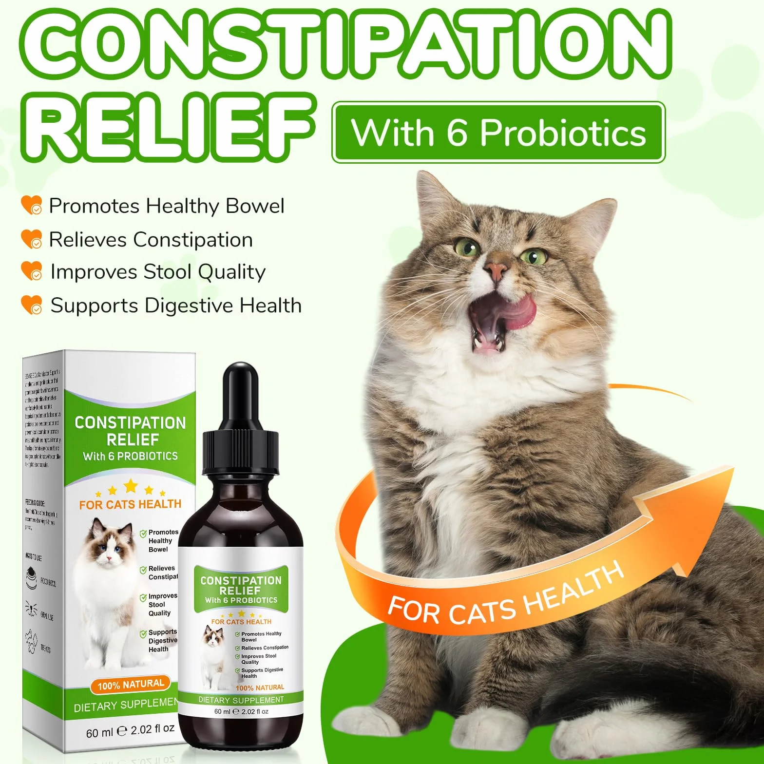Alivio del Estreñimiento para Gatos, 60ml Tratamiento del estreñimiento para Gatos, laxante para Gatos con 6 Suplementos probióticos, promueve la Salud intestinal del