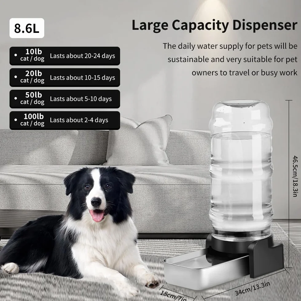 Marchul 8.6L Dispensador Agua Perros con 3 Filtros, Bebedero Automático Perros Gran de Agua con Cuenco de Acero Inoxidable, Gran Capacidad por Gravedad Botella de Agua para Perros/Gatos, Gris