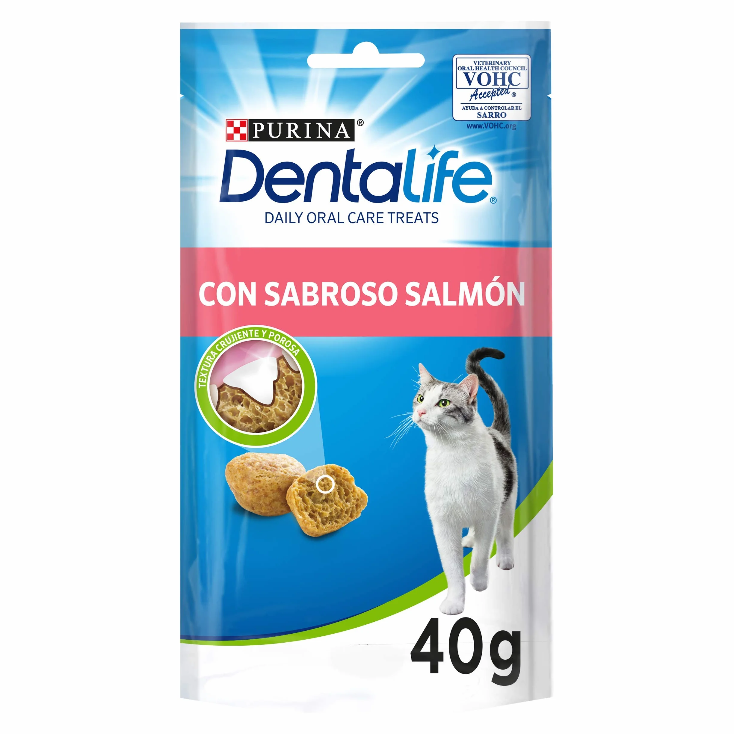 Purina Dentalife Daily Oral Care, Snack dental para gato adulto, premio para Gato con Salmón, Pack de 8 bolsas de 40g