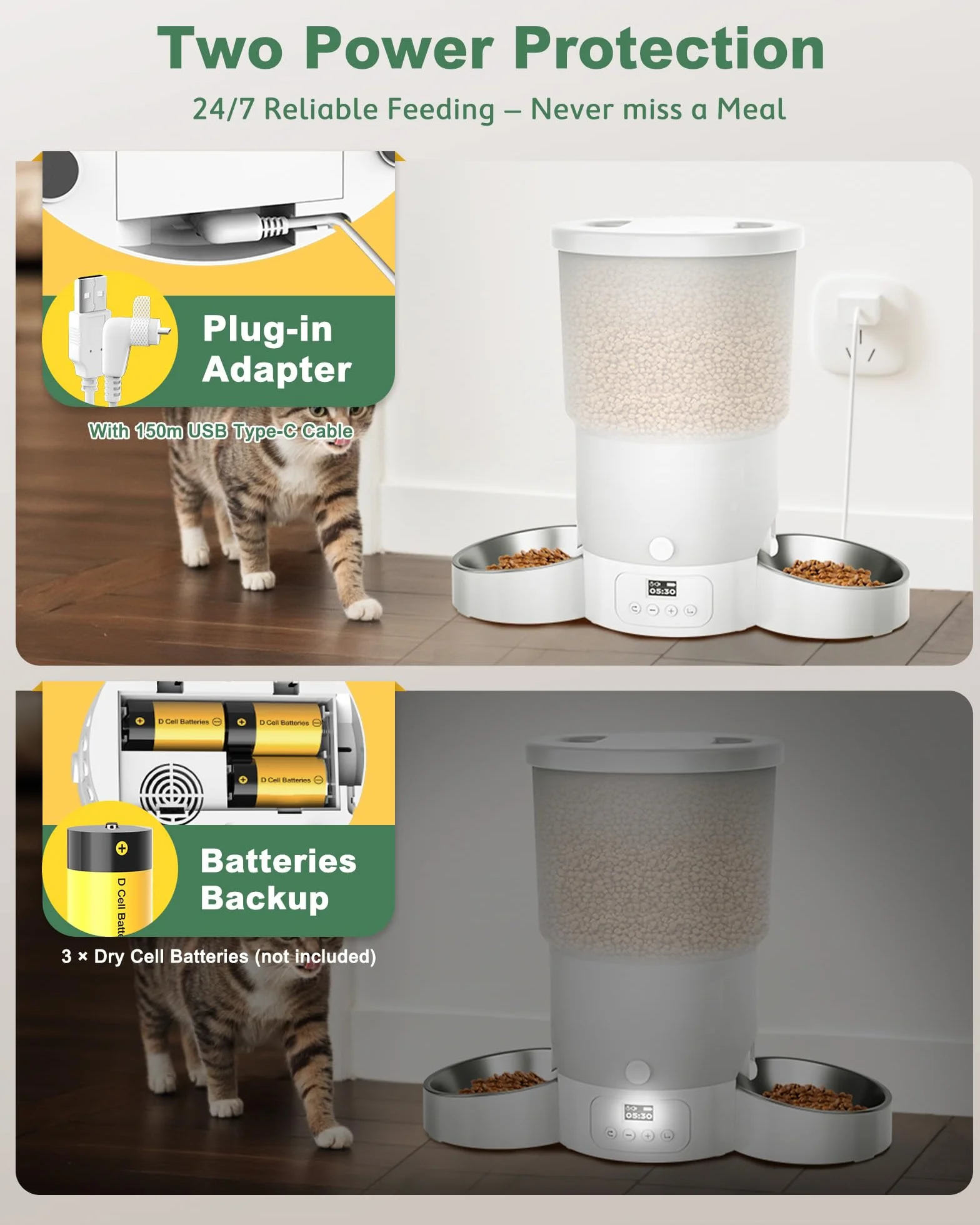 Gimars 5L Comedero Gato Automatico 2 Cuencos Inoxidables, Fácil De Configurar, Temporizador Programable 1-6 Comidas al Día Dispensador Comida Gatos y Perro en Diseño Sellado, Grabación Voz 10s
