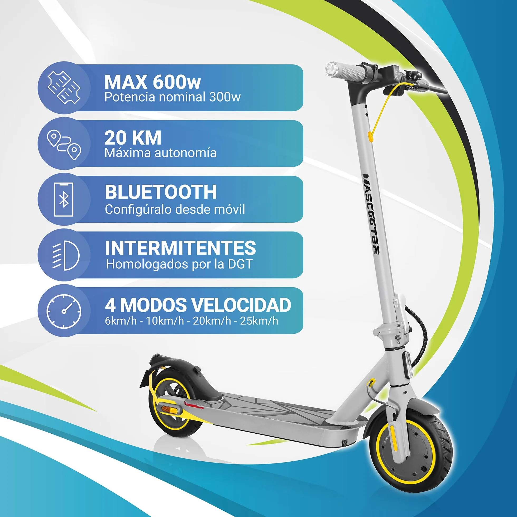 MASCOOTER S1 Patinete Eléctrico Adultos Homologado DGT 300W-600W MAX 20km Autonomía App Móvil