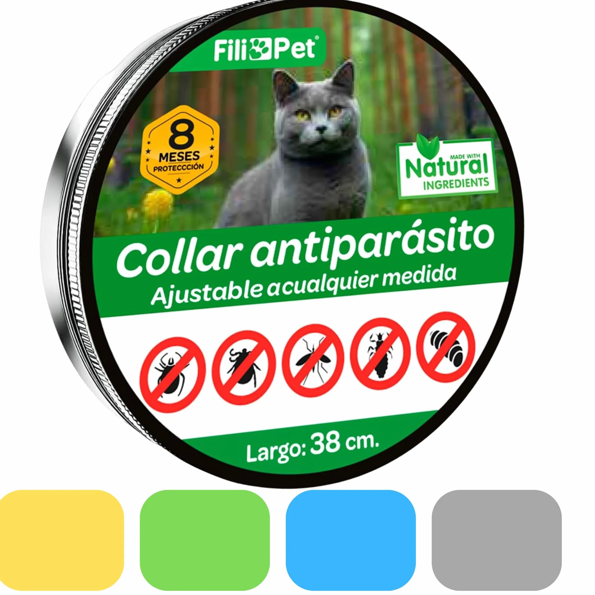 Collar Antiparasitario para Gato en, 8 Meses de Protección, Eficaz contra Pulgas, Garrapatas, Mosquitos y Piojos, Resistente al Agua, 38 cm de Largo, Ajustable (Amarillo)