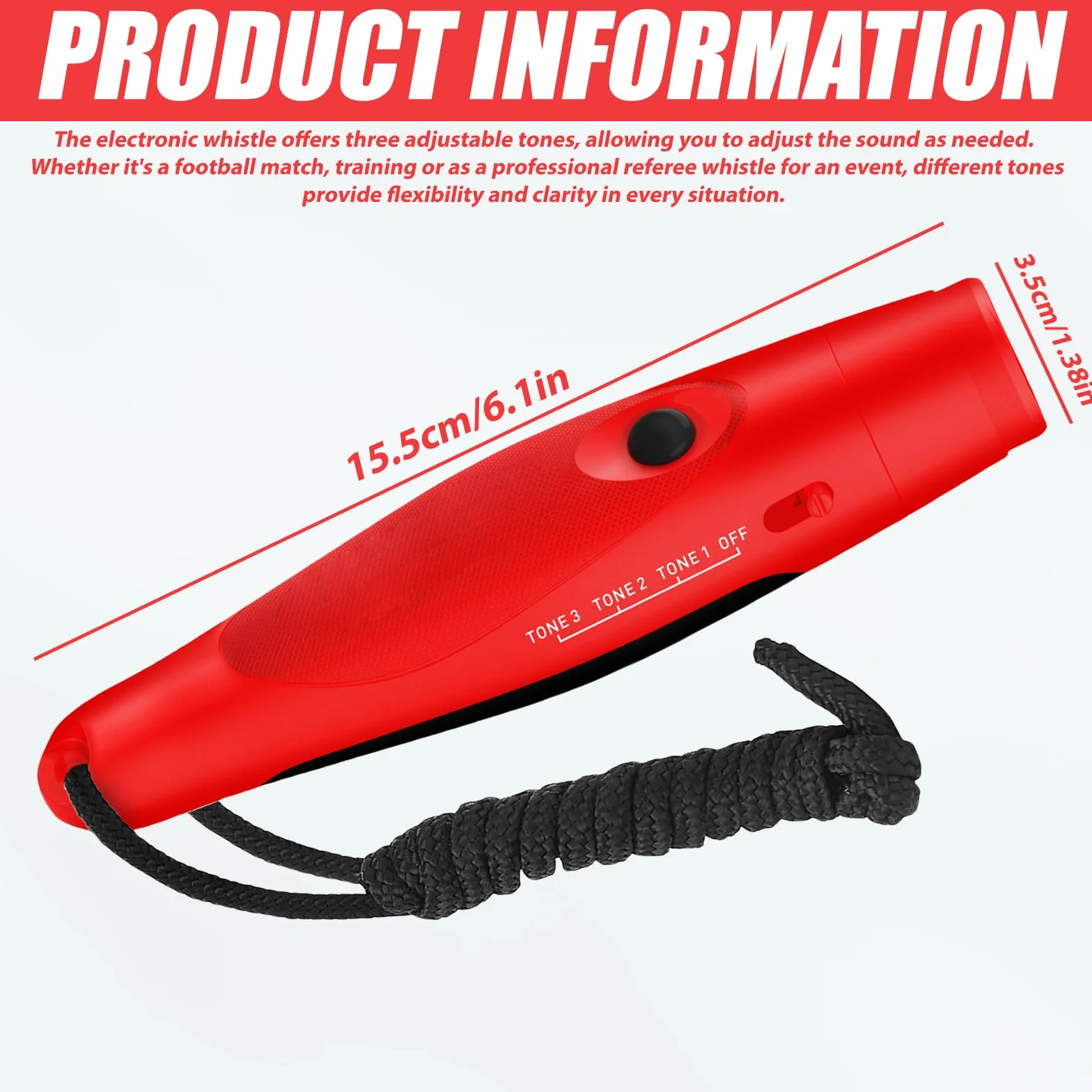Silbato Electrónico Profesional 3 Tonos, Silbato de Árbitro Portátil Ajustable (Rojo)