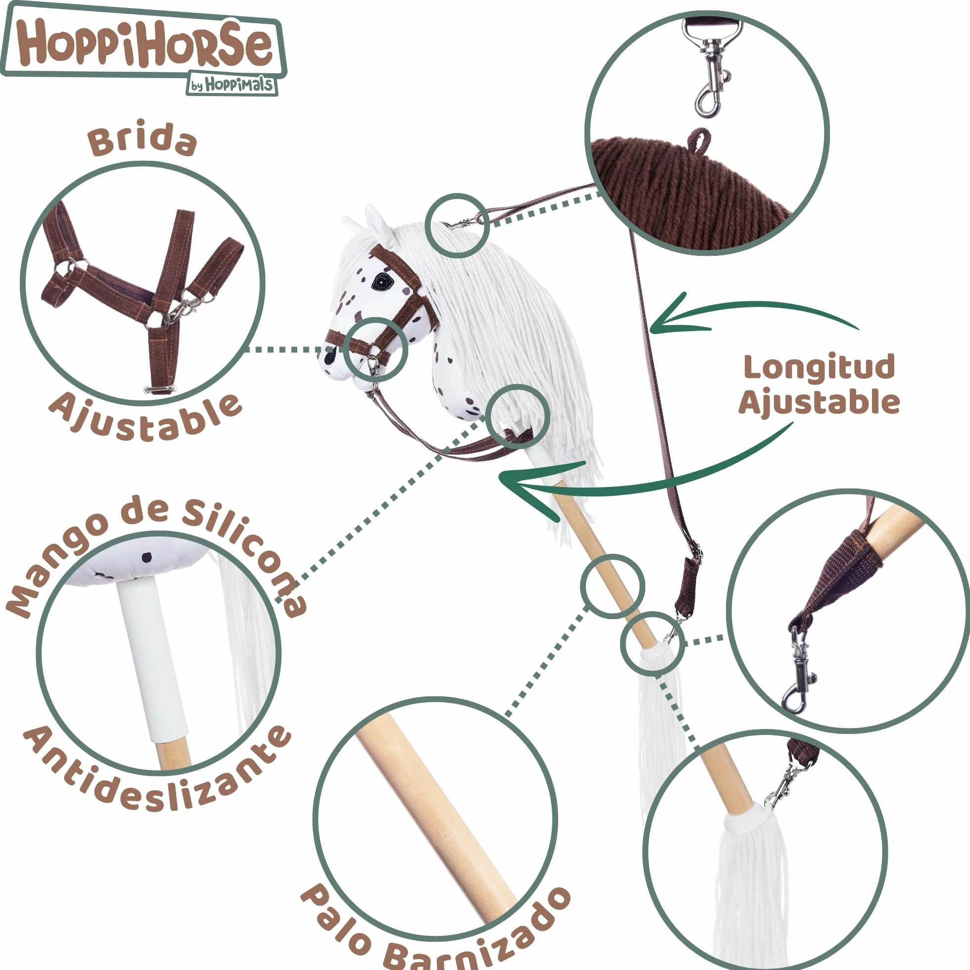 HOPPIHORSE Hobby Horse Deportiva A4 Caballo de Palo con Cabezada Riendas Correa Hombro Cola Empuñadura Silicona Peluche Caja Regalo