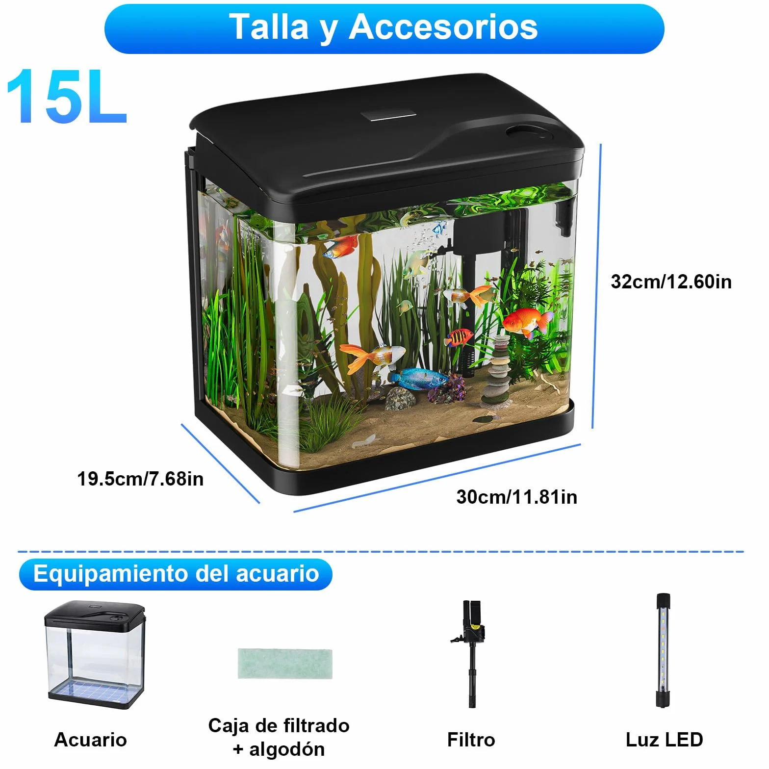 15L Acuario de Cristal Acuarios y Peceras Completas,con Sistema de Filtrado Integrado e Iluminación LED,Acuarios de Iniciación, Negro