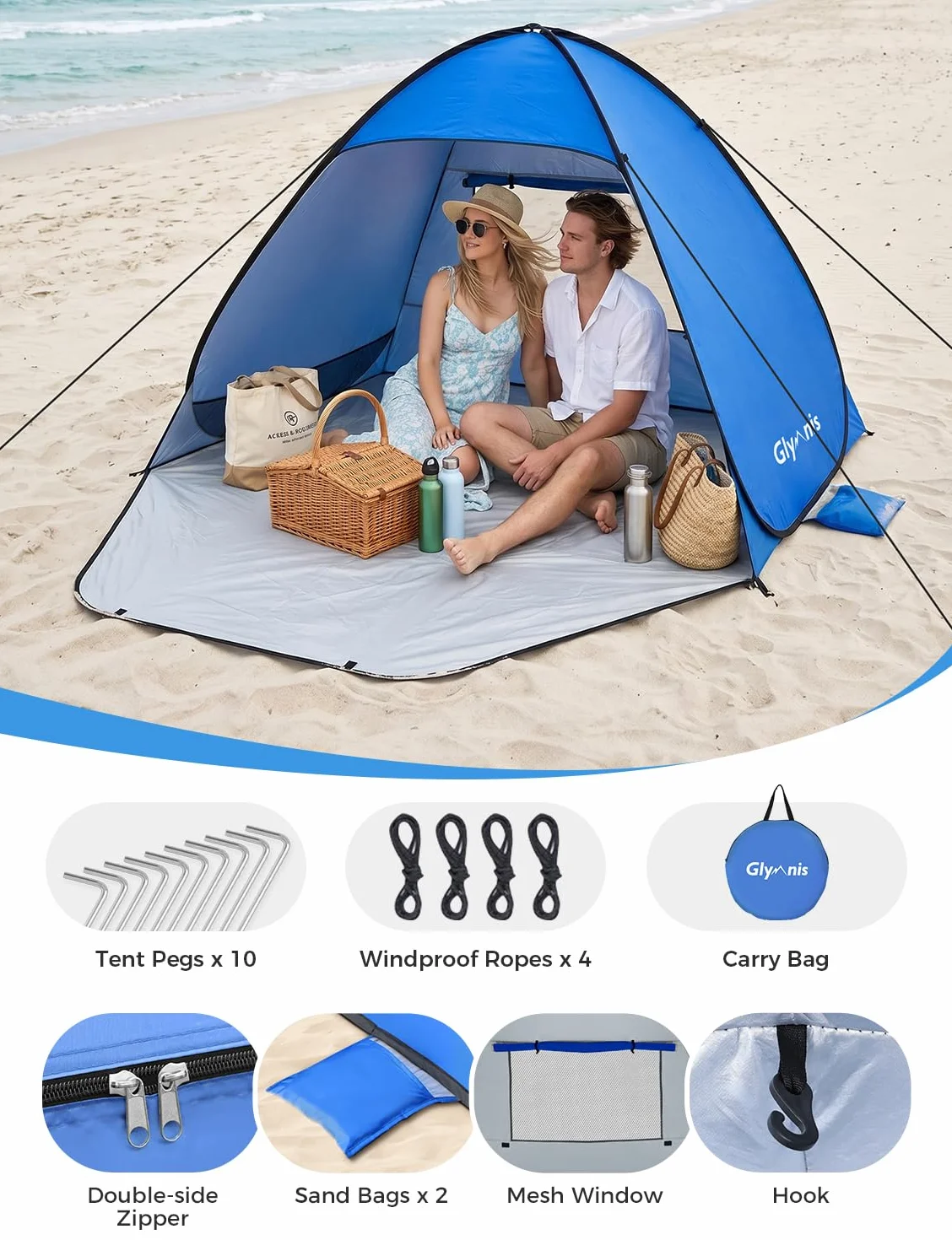 Tienda de Playa Pop Up 2-3 Personas Automática UPF 50+ Portátil