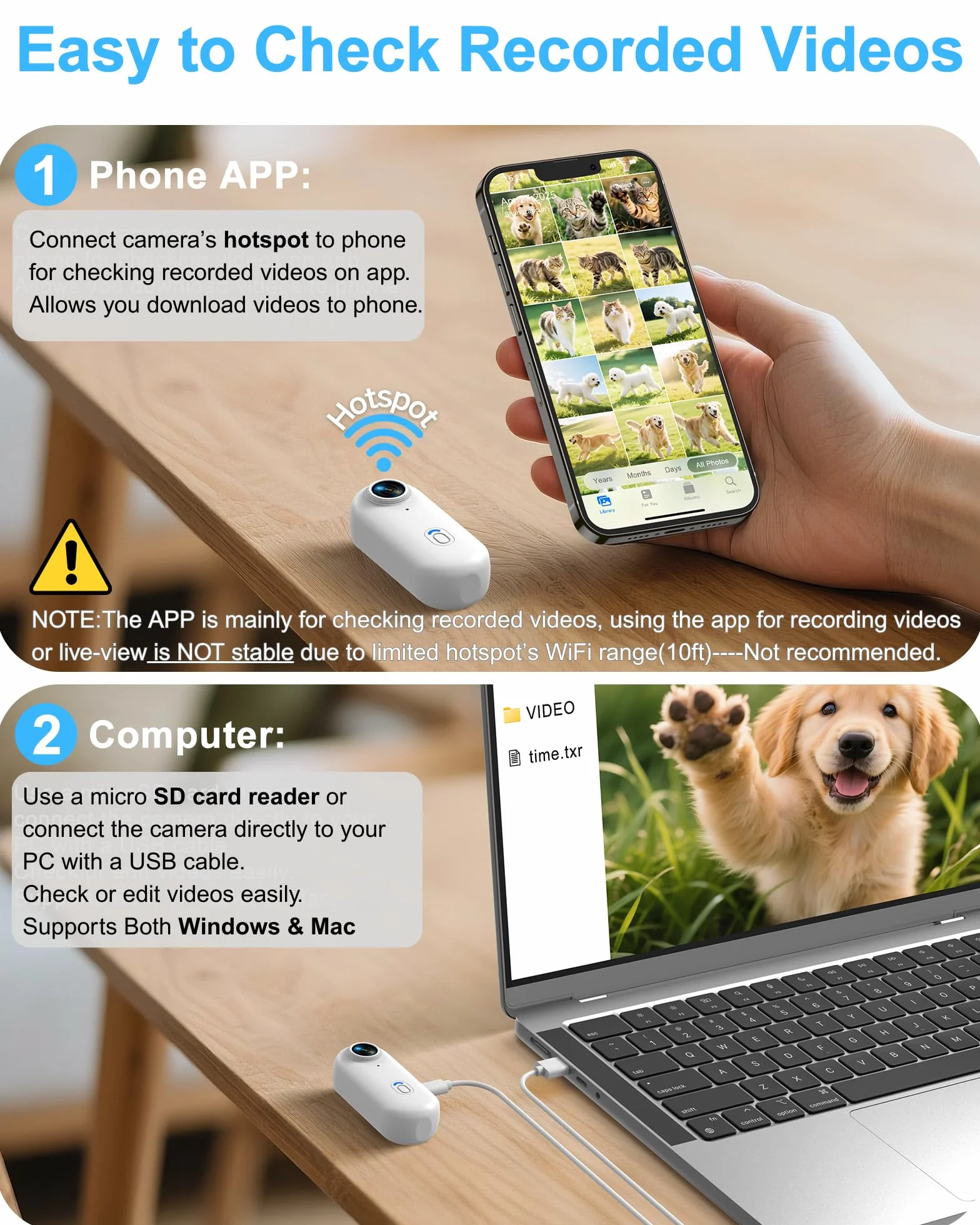 Collar de cámara para perros y gatos con aplicación para teléfono, grabación de video HD 1080P, cámara POV para mascotas tamaño XS/M para perros y gatos grandes, cámaras inalámbricas para mascotas con