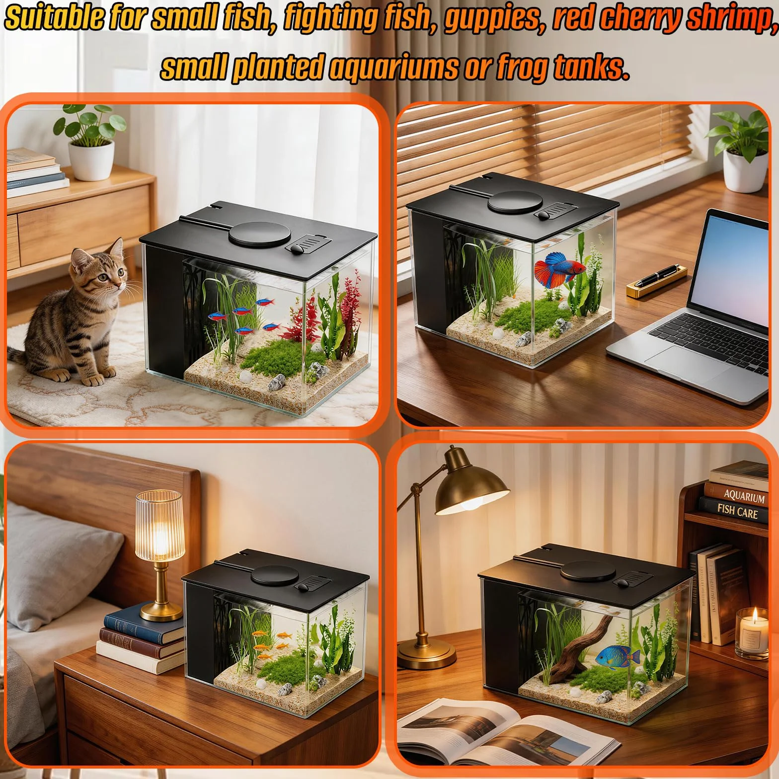 Mini acuario acrílico de 3,7 l con bomba de filtro, iluminación LED, pequeño acuario Betta, juego completo para peces pequeños, gambas y plantas (negro)