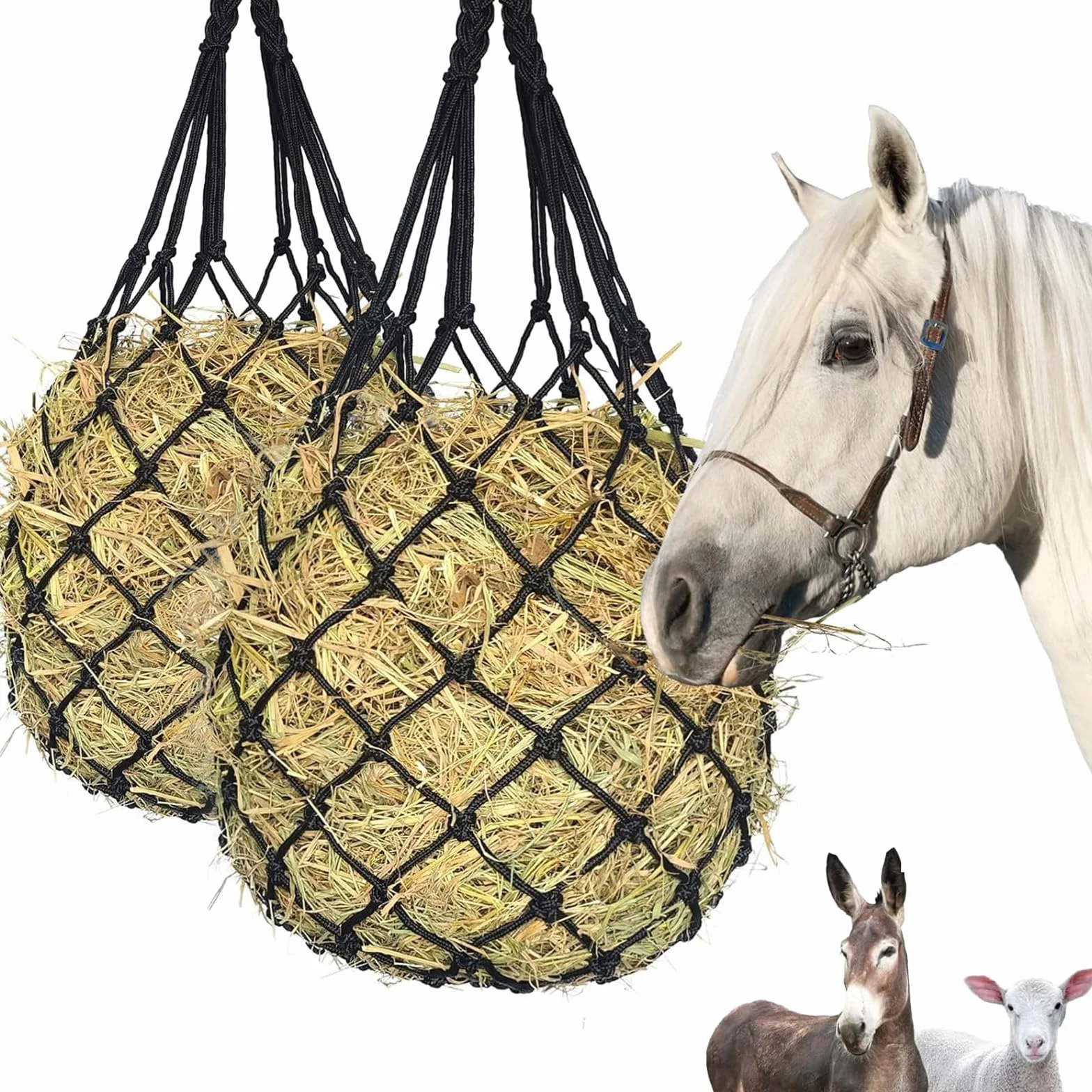 2 Piezas Redes de Heno para Caballos, Malla Fina de 5x5 cm para Alimentación Lenta, Portátil Red Heno para Cabras, Reduce el Desperdicio para Caballos, Cabras y Ponis