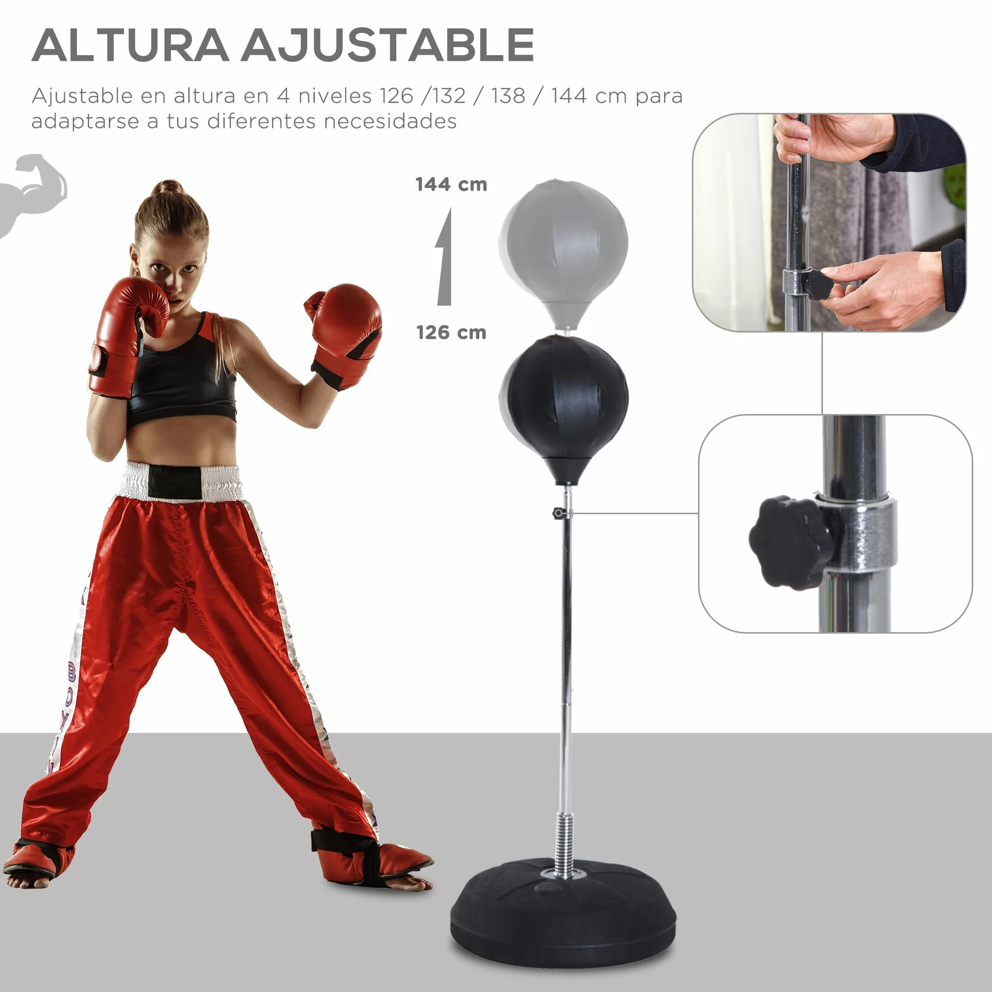 HOMCOM Saco de Boxeo de Pie Punching Ball Altura Ajustable 126-144 cm Base Rellenable Guantes Boxeo Adultos