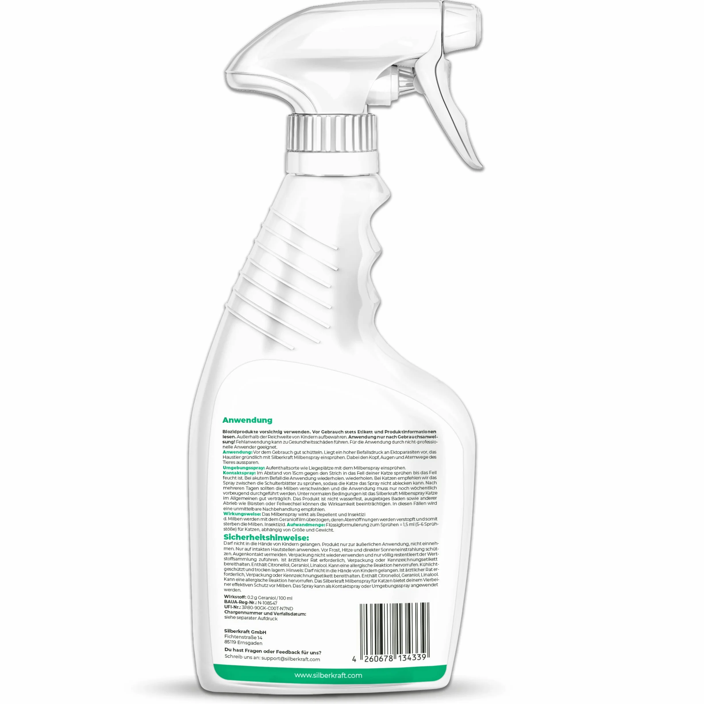 Silberkraft Spray antiácaros para gatos, 500 ml, eficaz antiácaros, para tratar los ácaros del oído, ácaros del gato