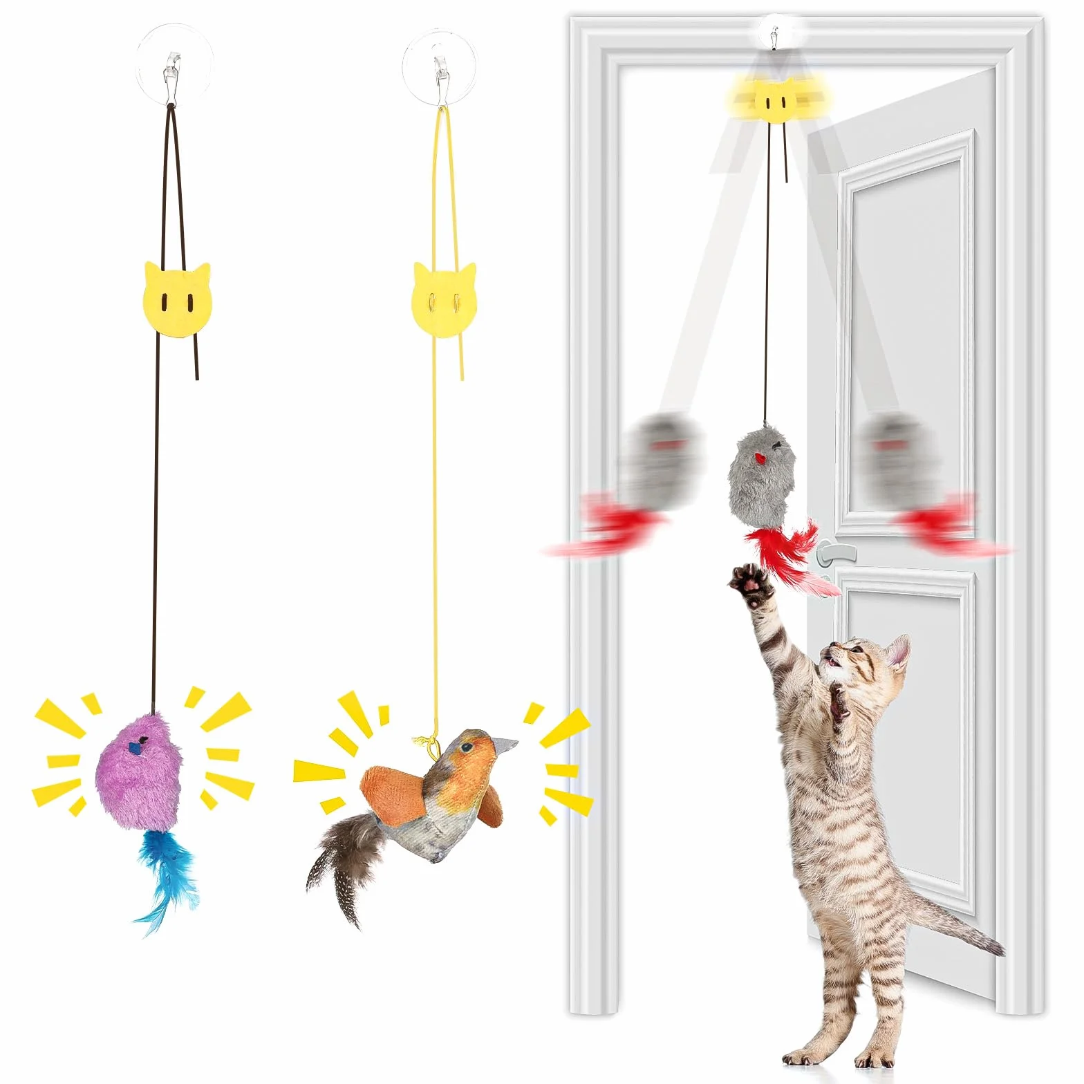 Romon Juguetes para Gatos, Set de 3 con Raton y Pájaro, Juguete Gatito Colgado de Puerta, Juguete Interactivo Gato con Cuerda Elástica Ajustable y Ganchos Adhesivos Transparentes