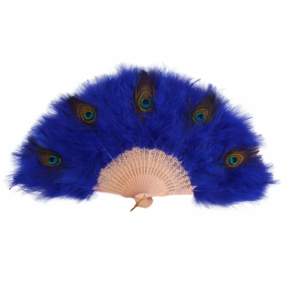 Abanico de plumas de pavo real plegable hecho a mano, decoración de boda, fiesta, baile, cosplay, ventilador portátil (azul)