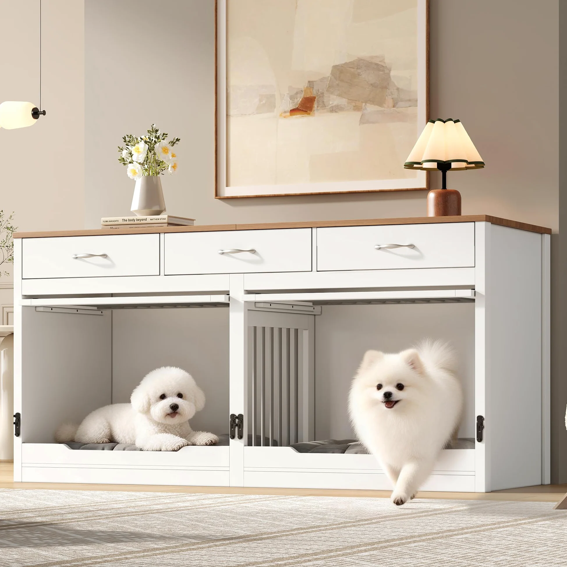 Jaula para perros de madera y metal, para 2 perros, 164 x 60 x 81 cm, caseta interior, tapa abatible, divisor extraíble, 3 cajones (blanco + efecto madera)