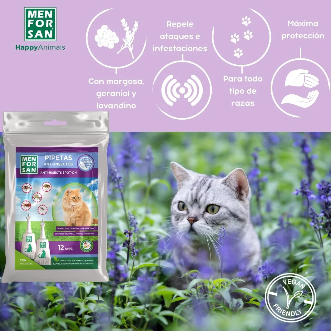 MENFORSAN Pack con 12 Pipetas Anti-Insectos para Gatos, con Margosa, Geraniol y Lavandino, Bolsa autocierre