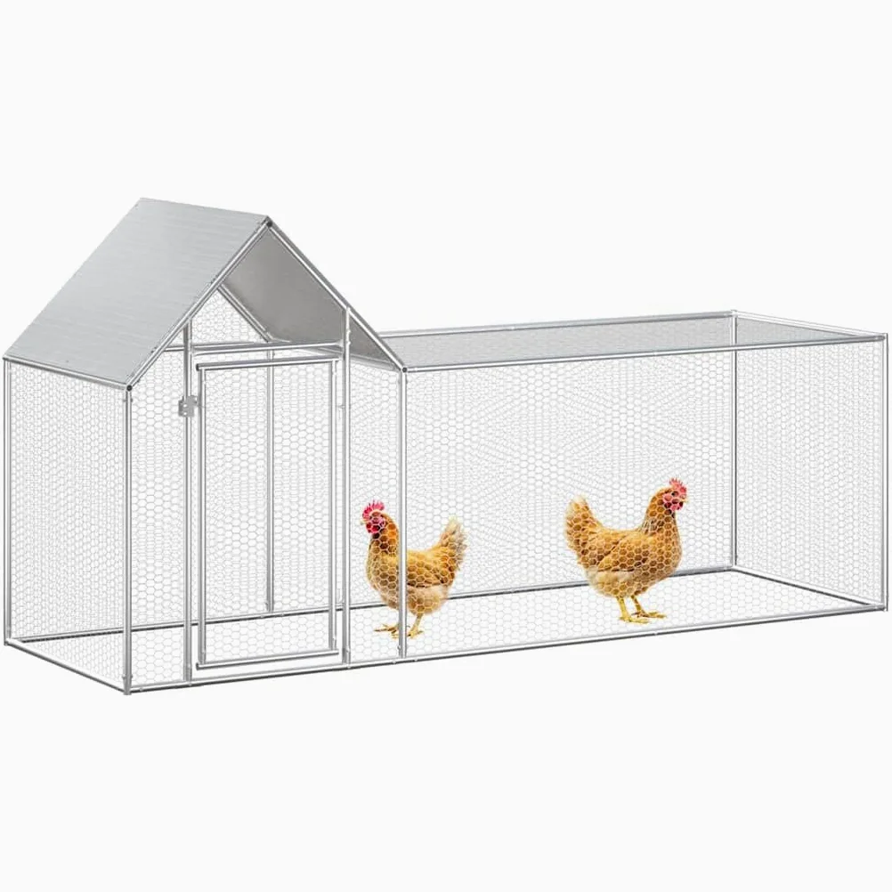 Gallinero de 3 x 1 x 1,5 m de acero galvanizado, estable gallinero con puerta y techo para aves de corral, patos y gansos, color plateado