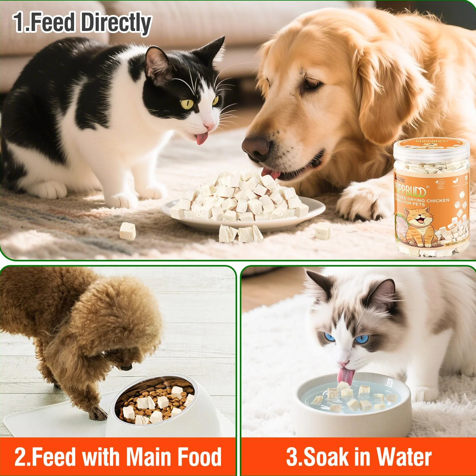 Snack Liofilizado de Pollo para Gato de Interior, Crujientes Snack para Gatos Perros, Golosinas para Gatos Icas en Proteínas