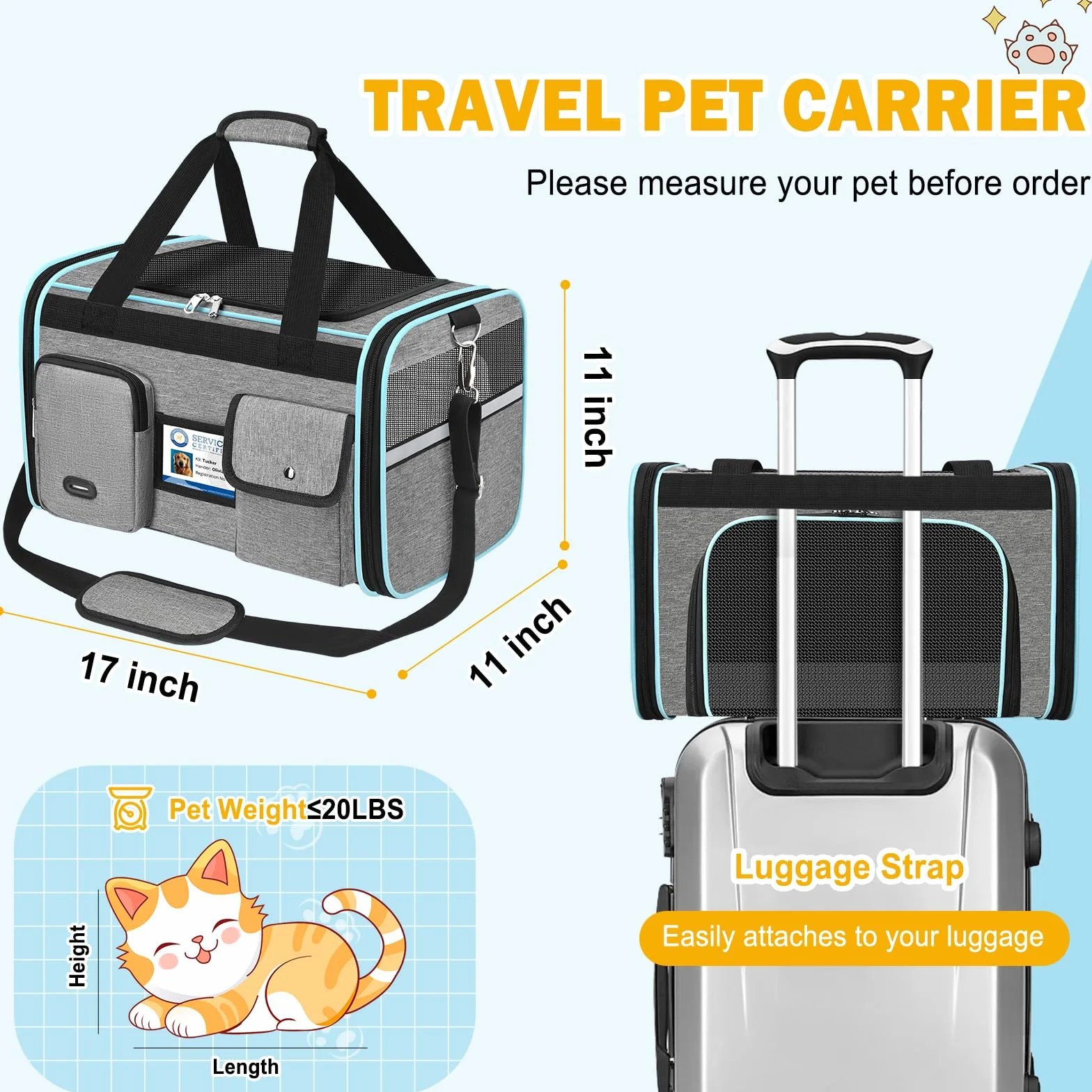 TEUEN Transportín Plegable Aprobado por Aerolíneas - Bolsa Viaje para Gatos y Perros hasta 9kg, 4 Lados de Malla, Tejido Antiarrañazos con Cojín Lavable y Correa de Seguridad