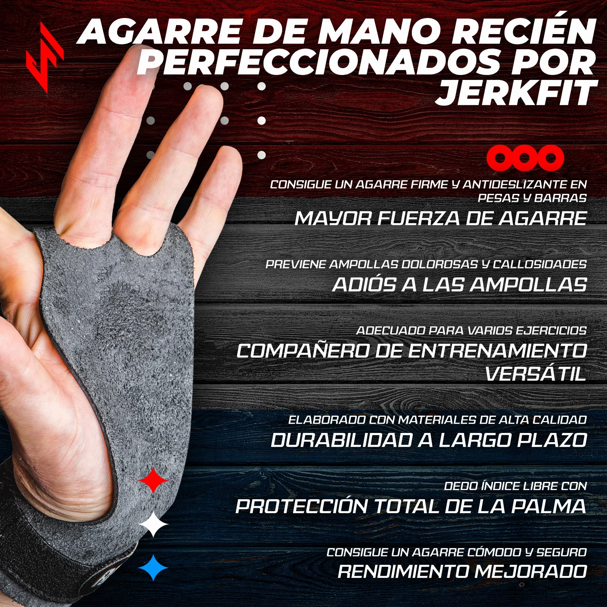 JerkFit Raw Grips Agarre de Cuero 2 Dedos para Gimnasia Cross Training Protección de Palmas Levantamiento de Pesas
